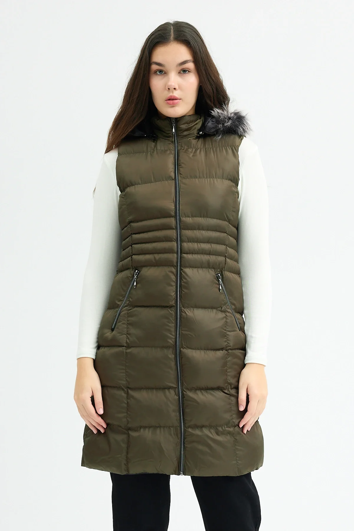 Kadın Haki Kapüşonlu Uzun Şişme Yelek
