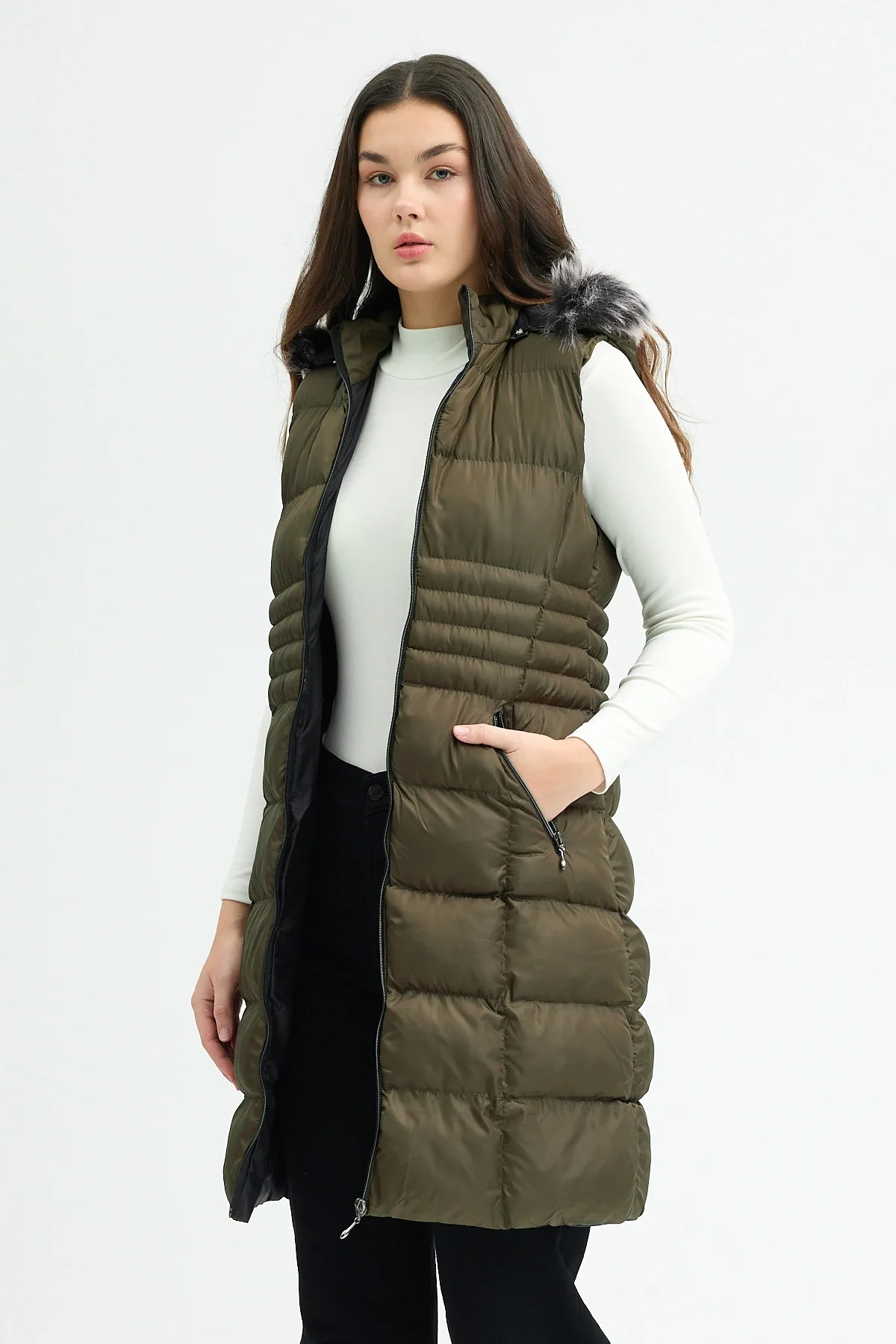 Kadın Haki Kapüşonlu Uzun Şişme Yelek
