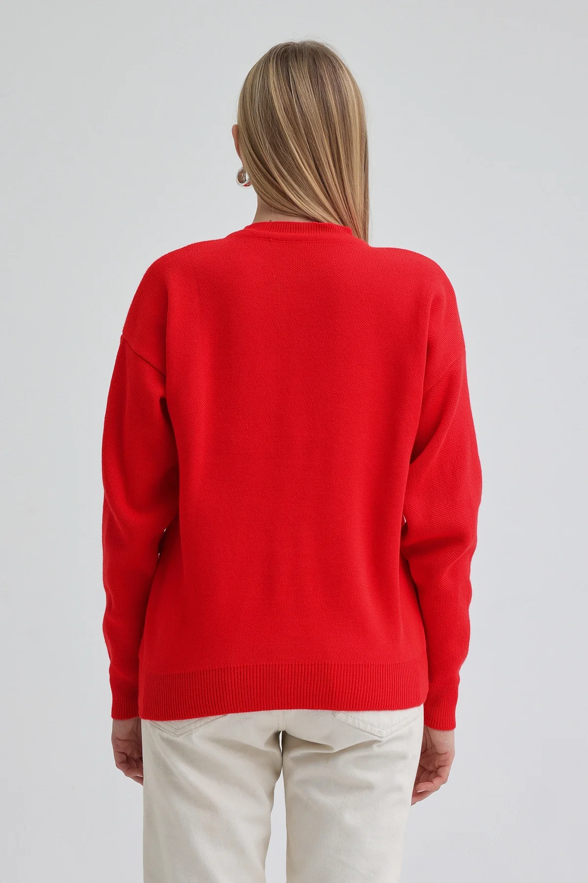 Kadın Kalp Nakışlı Şık Düğmeli Triko Hırka Kırmızı