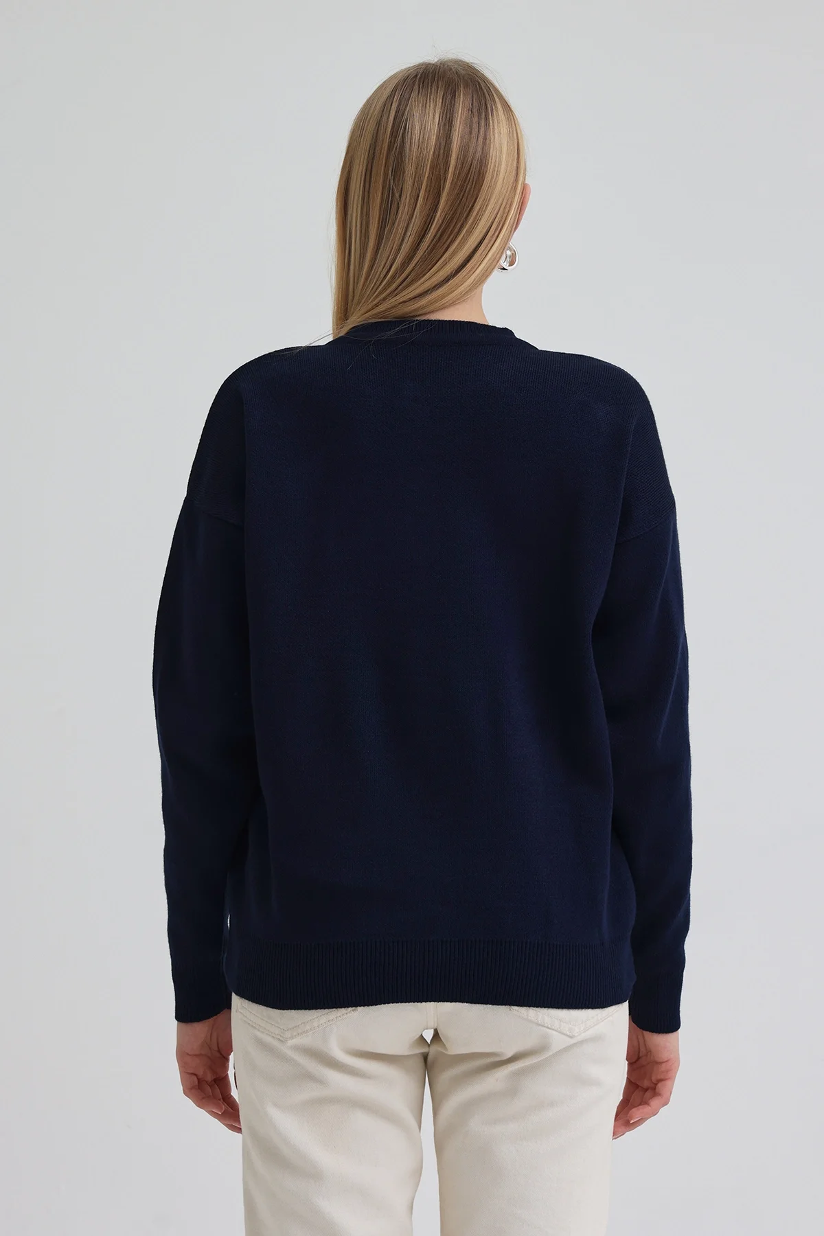 Kadın Kalp Nakışlı Şık Düğmeli Triko Hırka Lacivert