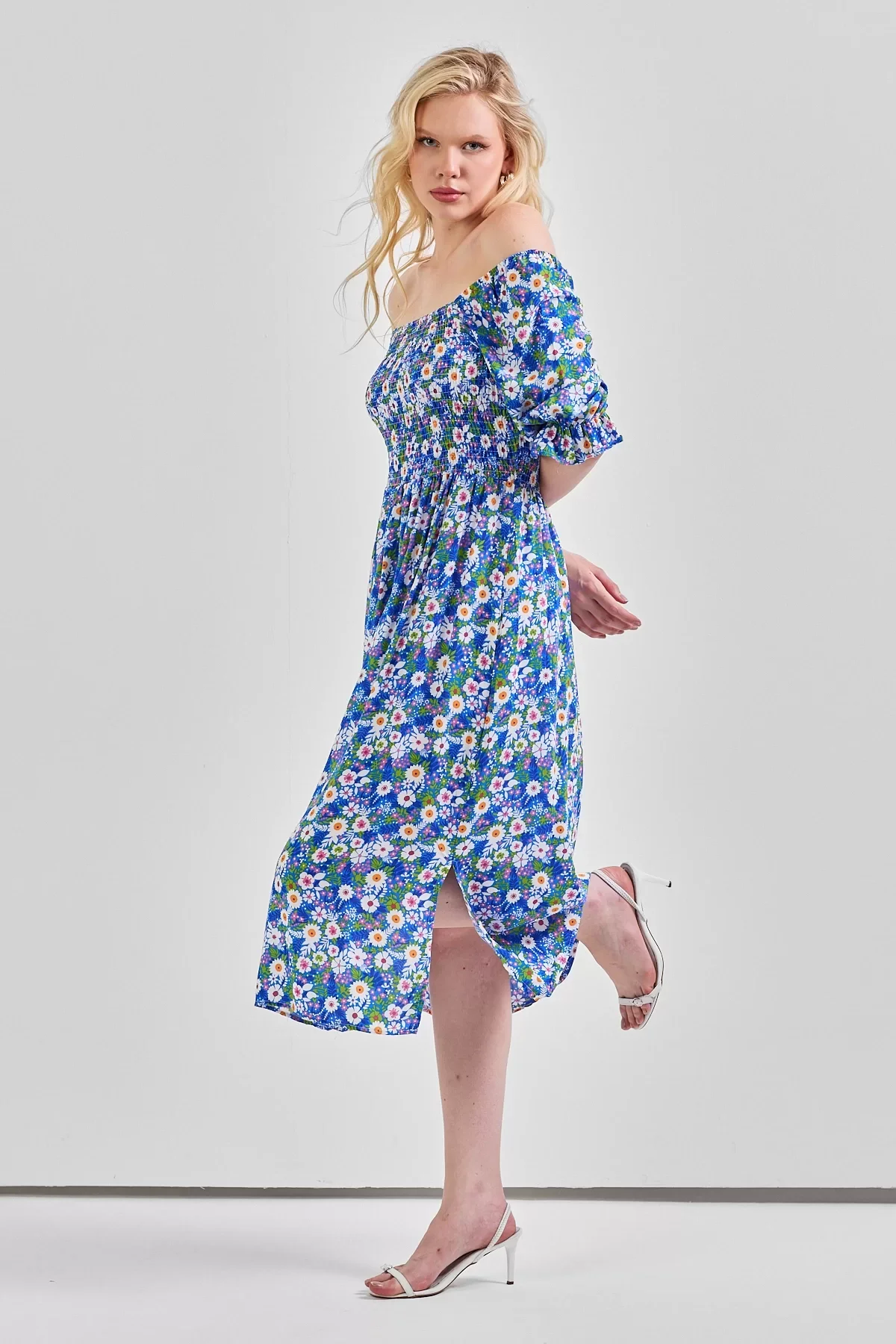 Kadın Kare Yaka Gipeli Desenli Viskon Elbise Mavi