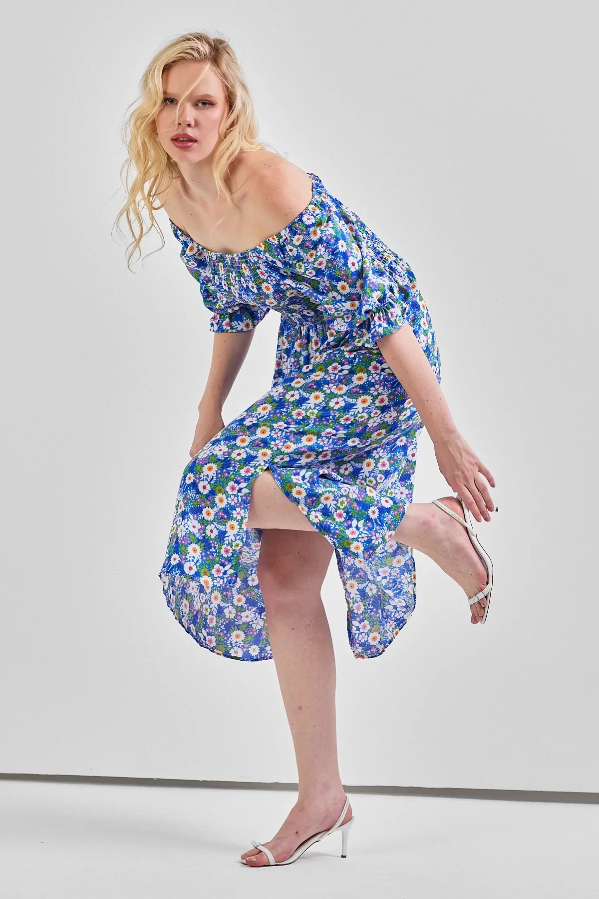 Kadın Kare Yaka Gipeli Desenli Viskon Elbise Mavi