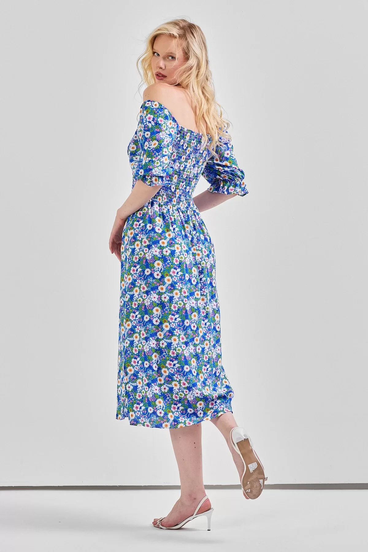 Kadın Kare Yaka Gipeli Desenli Viskon Elbise Mavi