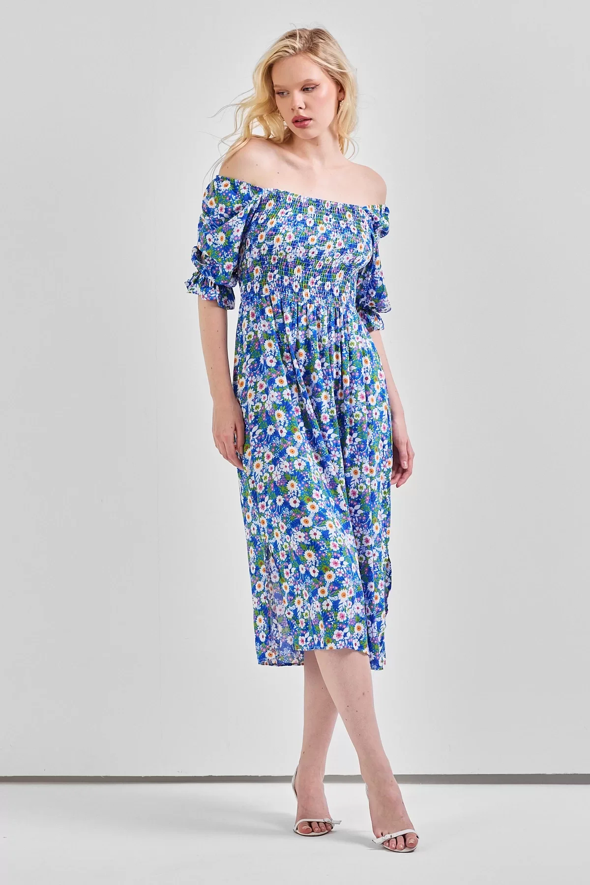 Kadın Kare Yaka Gipeli Desenli Viskon Elbise Mavi