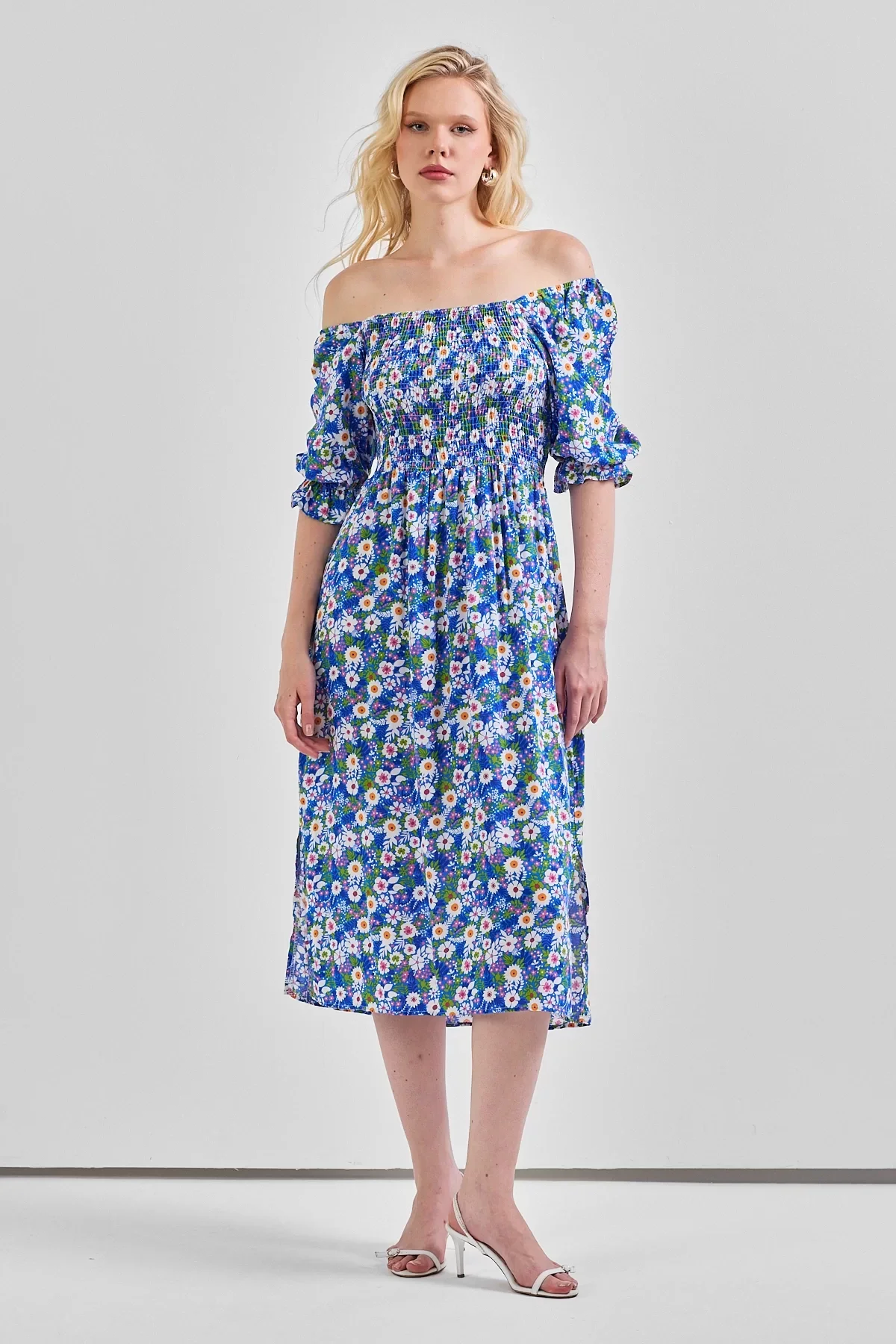 Kadın Kare Yaka Gipeli Desenli Viskon Elbise Mavi