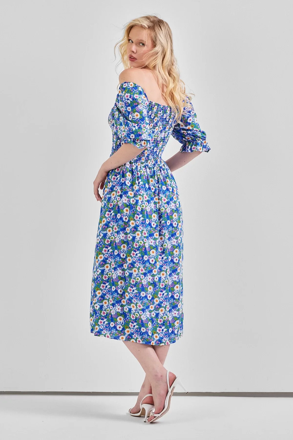 Kadın Kare Yaka Gipeli Desenli Viskon Elbise Mavi