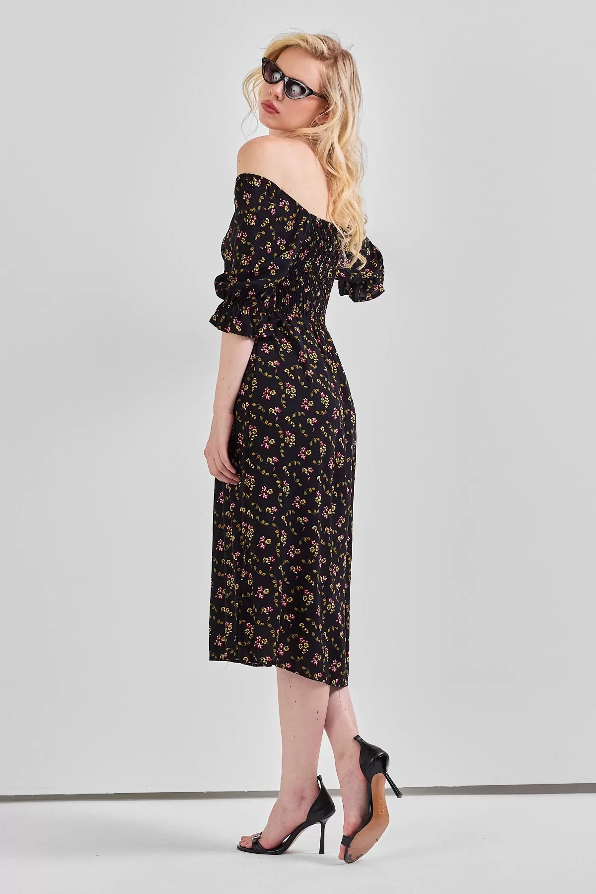 Kadın Kare Yaka Gipeli Desenli Viskon Elbise Siyah