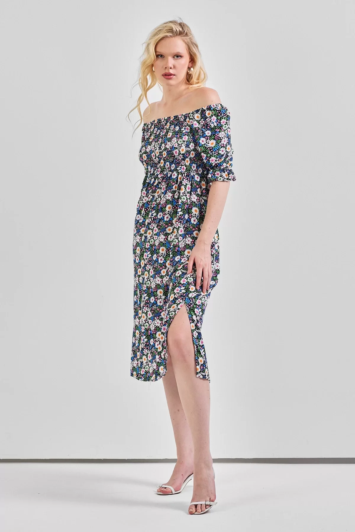 Kadın Kare Yaka Gipeli Desenli Viskon Elbise Yeşil