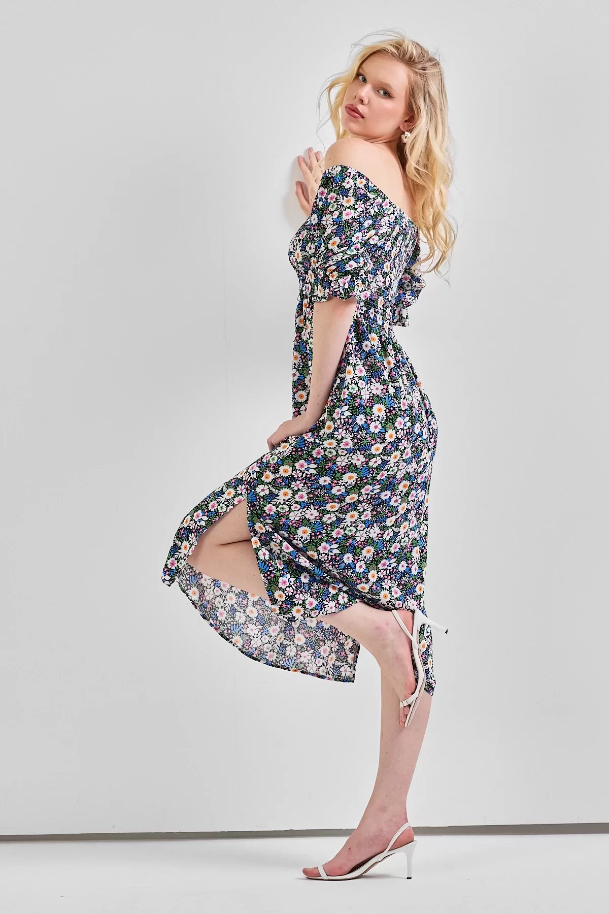 Kadın Kare Yaka Gipeli Desenli Viskon Elbise Yeşil