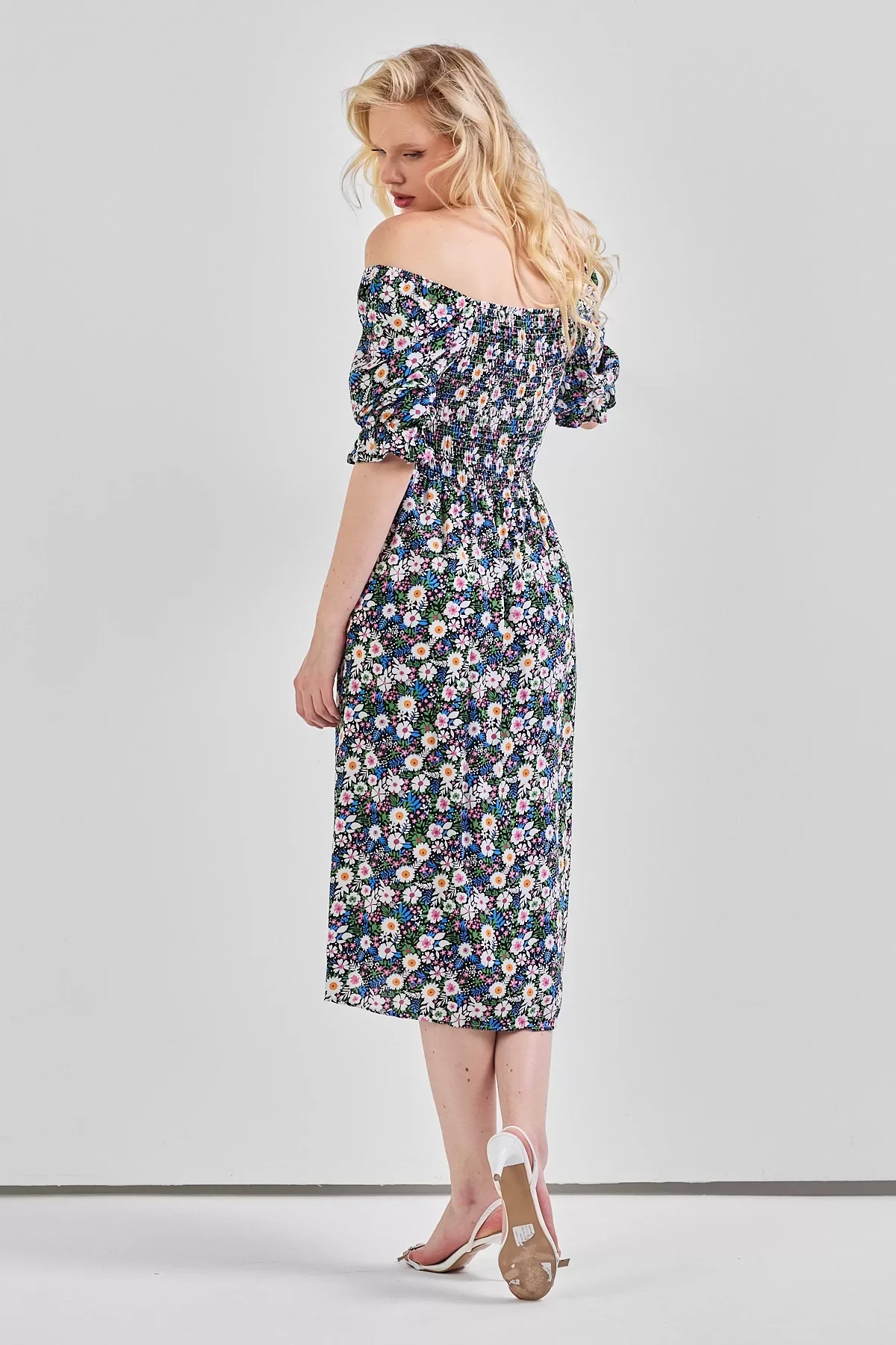 Kadın Kare Yaka Gipeli Desenli Viskon Elbise Yeşil