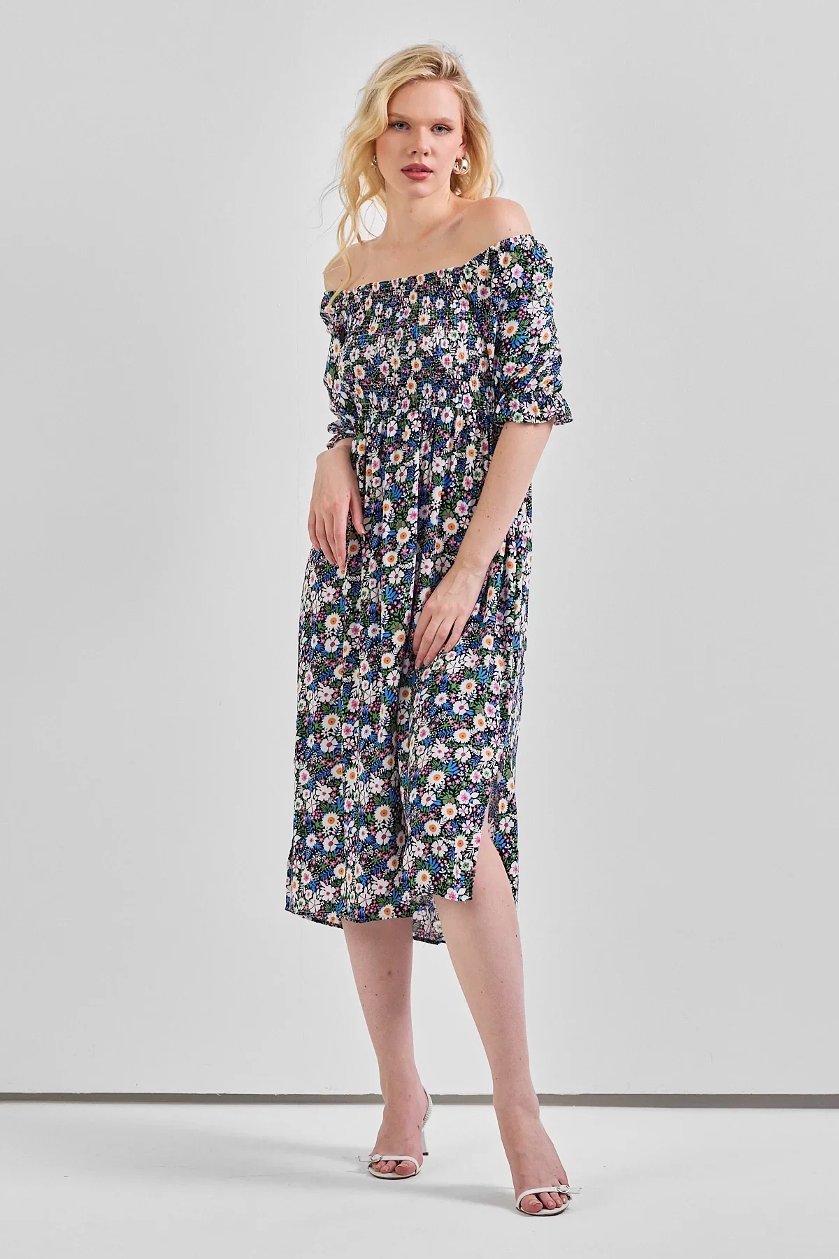 Kadın Kare Yaka Gipeli Desenli Viskon Elbise Yeşil