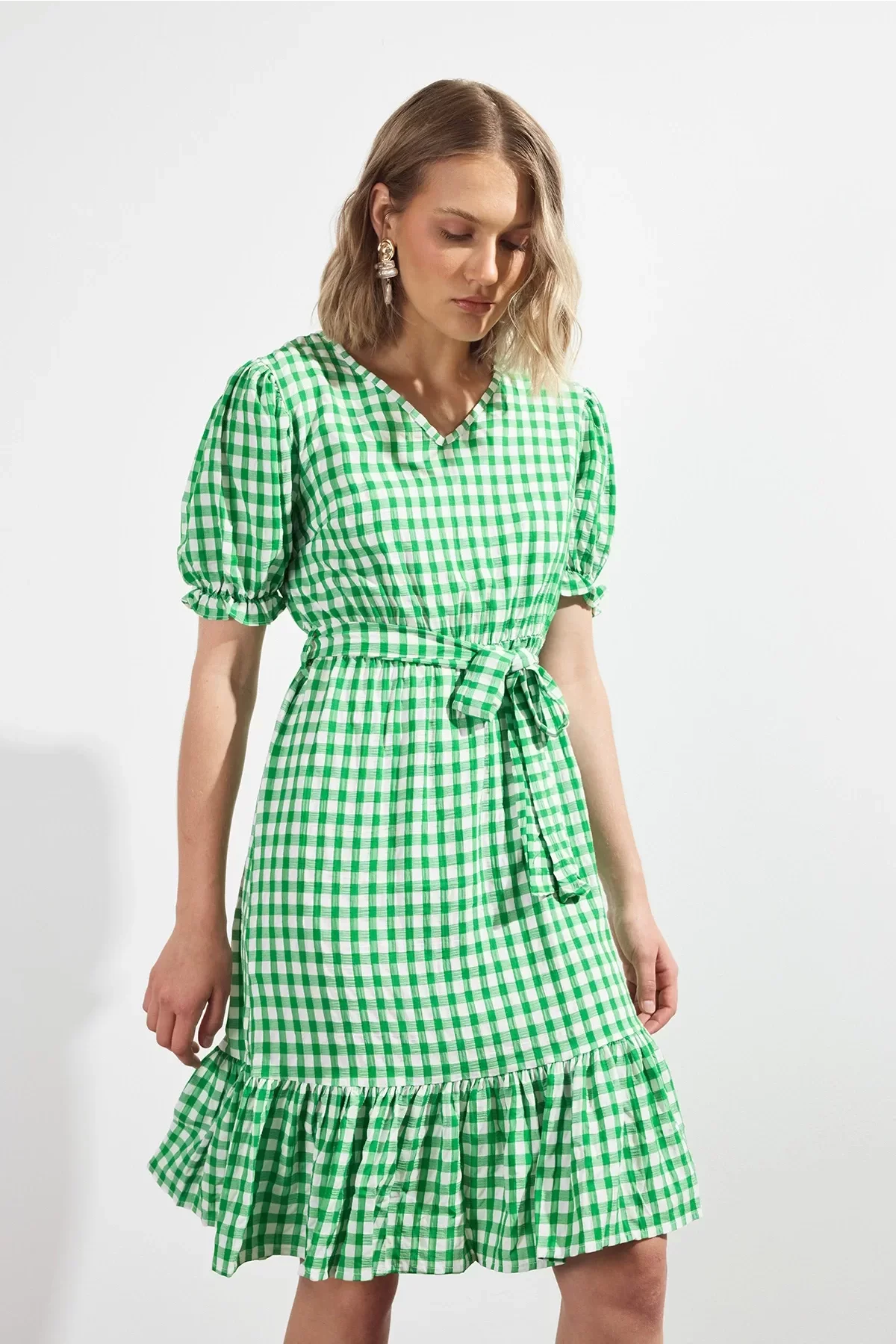 Kadın Kareli Büzgü detaylı Yazlık midi Elbise 4430/105