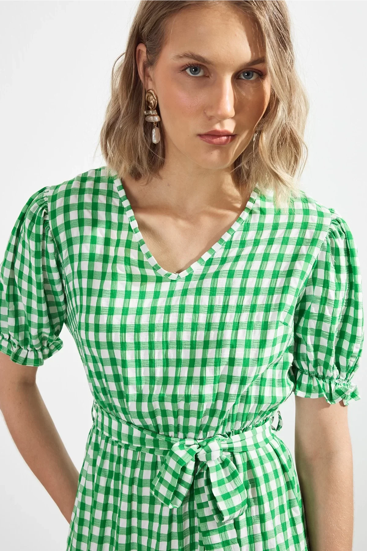 Kadın Kareli Büzgü detaylı Yazlık midi Elbise 4430/105