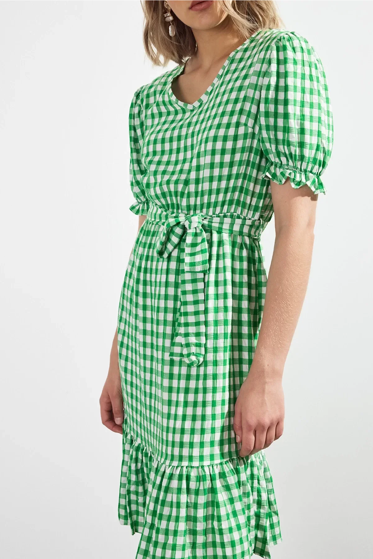 Kadın Kareli Büzgü detaylı Yazlık midi Elbise 4430/105