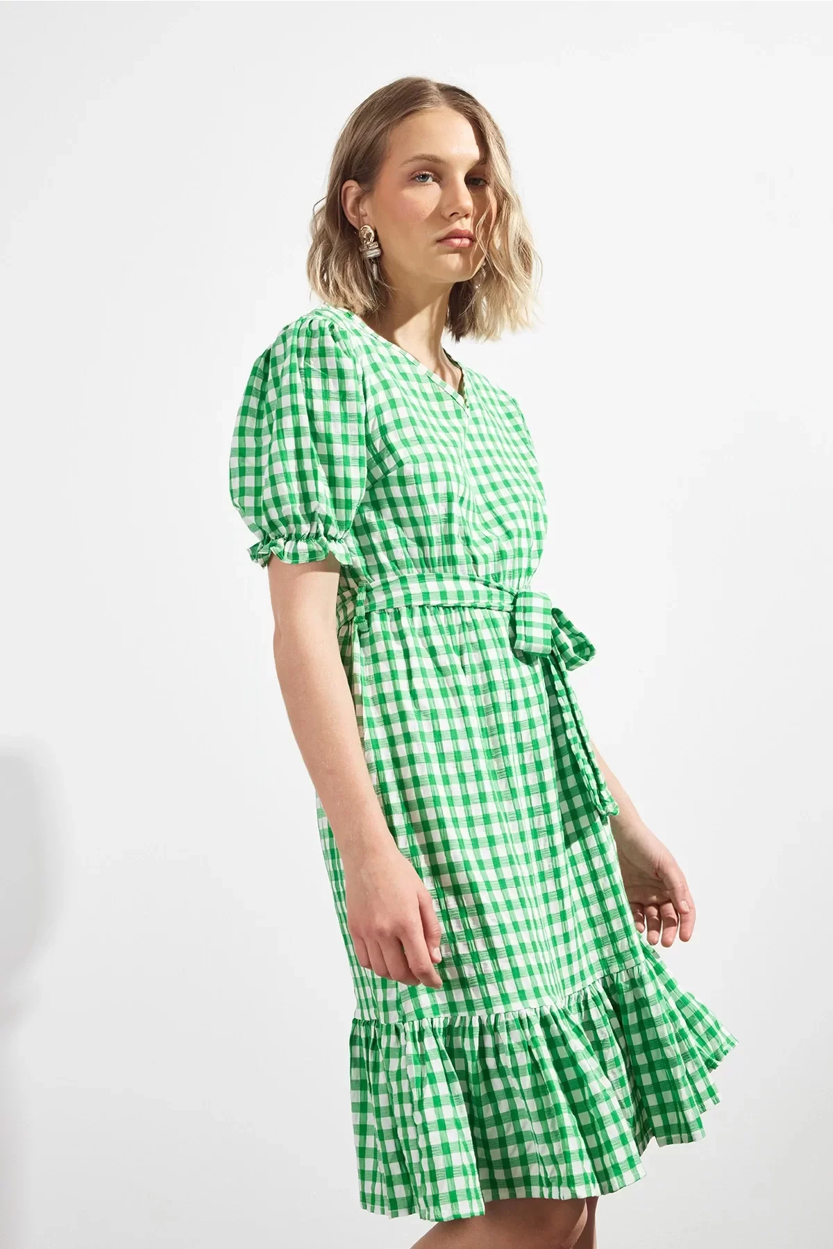 Kadın Kareli Büzgü detaylı Yazlık midi Elbise 4430/105