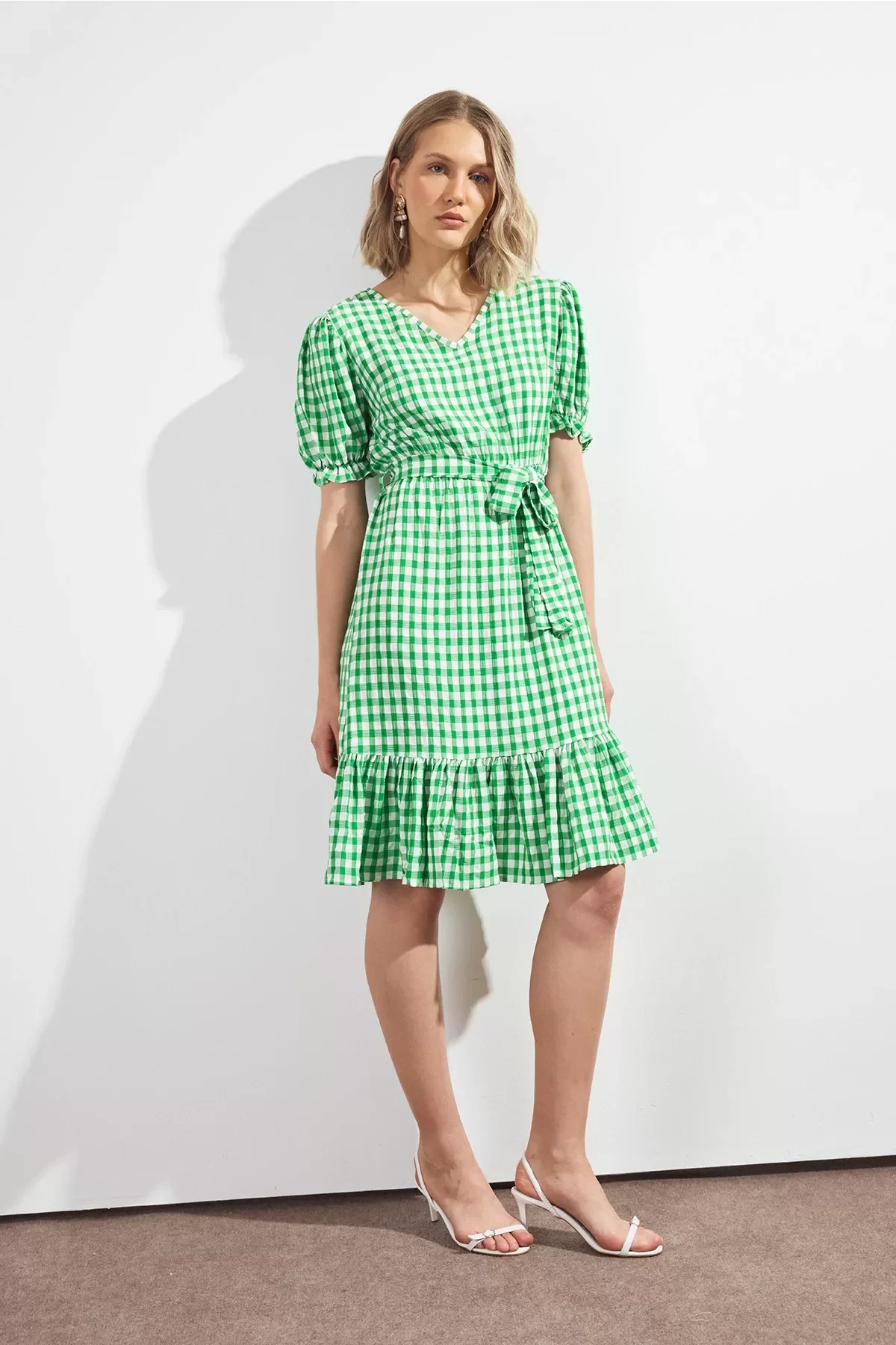 Kadın Kareli Büzgü detaylı Yazlık midi Elbise 4430/105