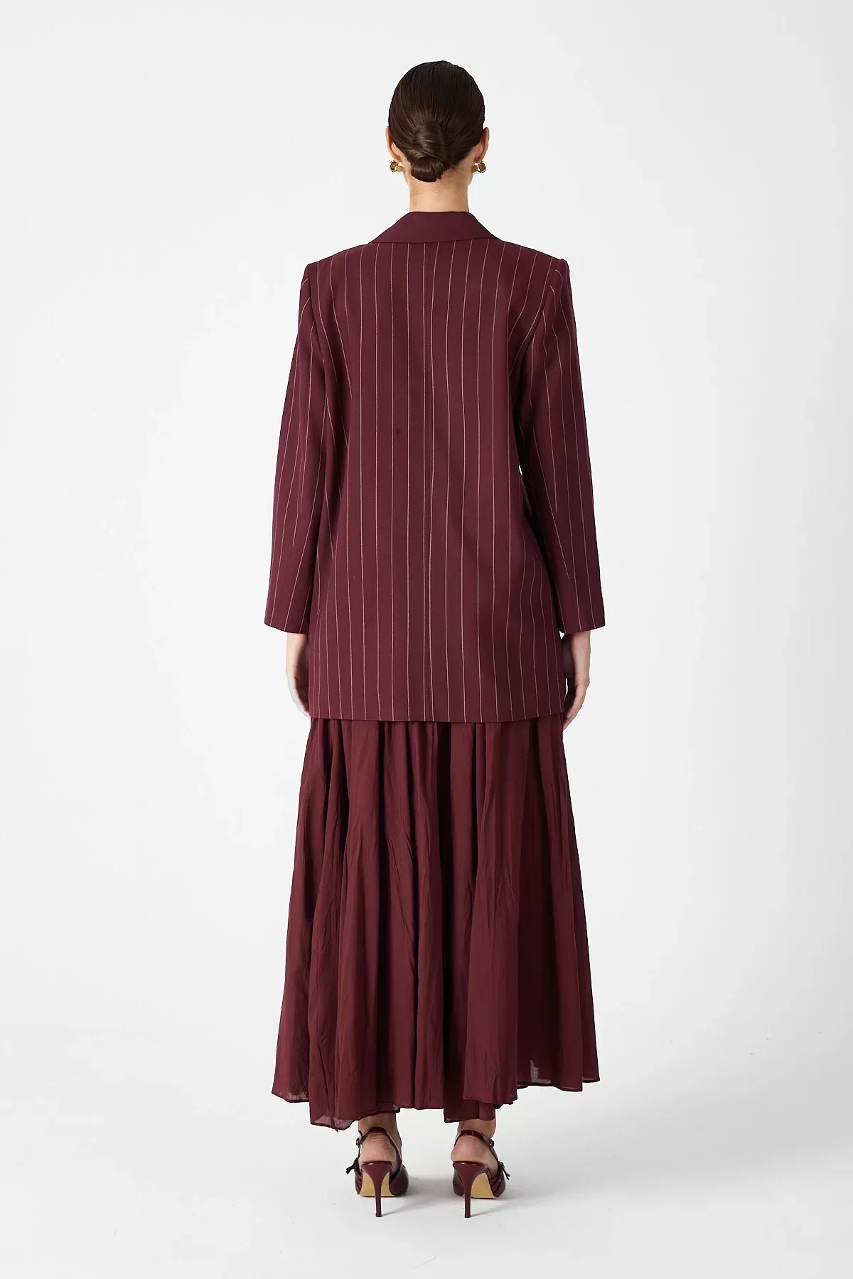 Kadın Kruvaze Çift Yaka Tek Düğmeli ve Oversize Kuşaklı Ceket - Bordo