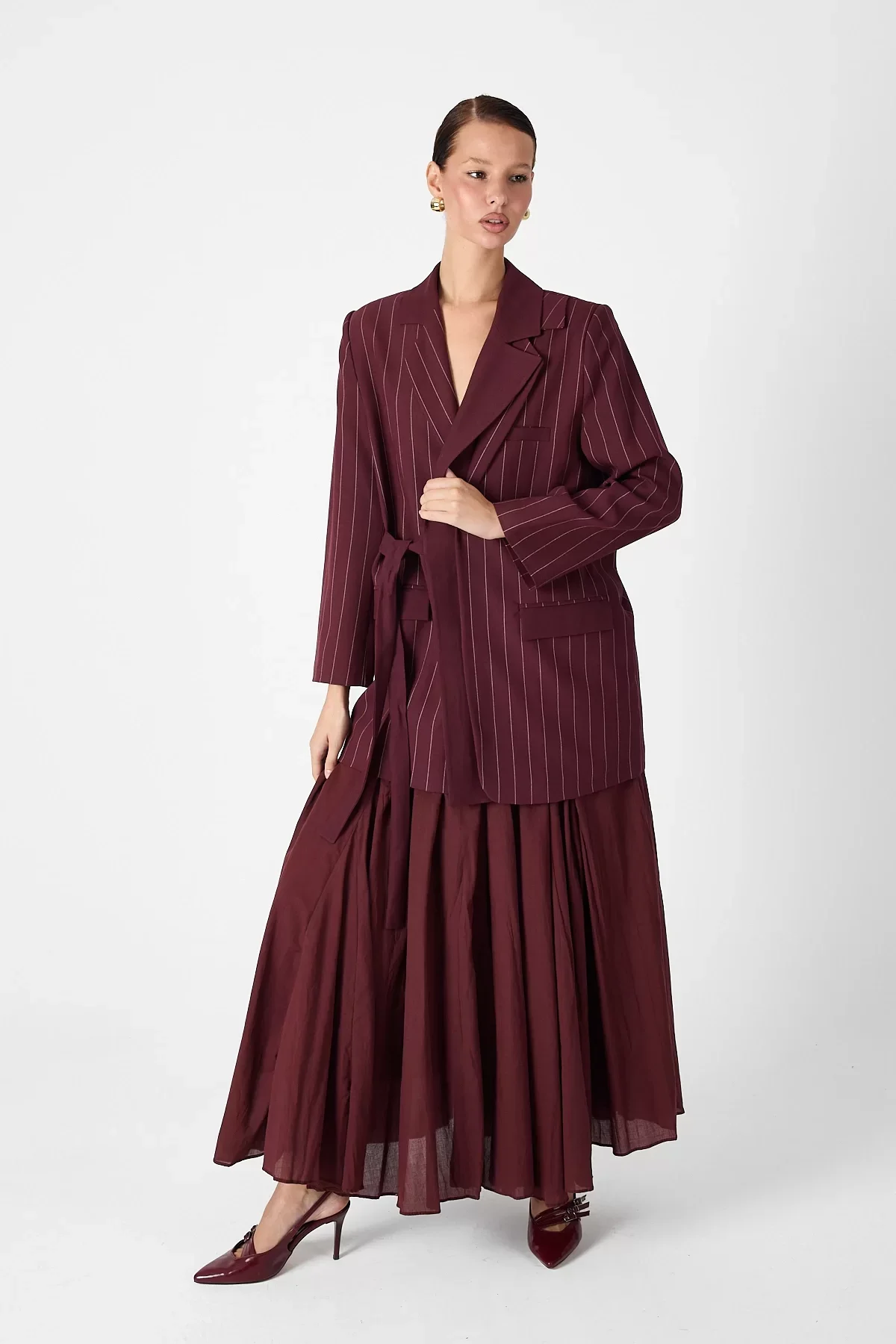 Kadın Kruvaze Çift Yaka Tek Düğmeli ve Oversize Kuşaklı Ceket - Bordo