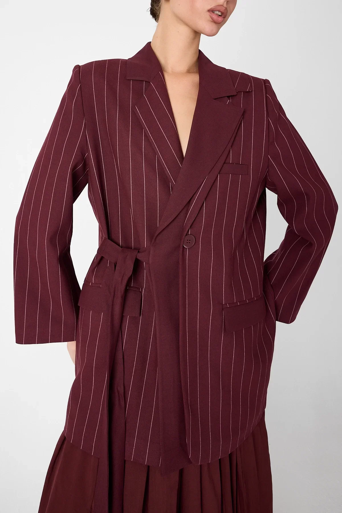 Kadın Kruvaze Çift Yaka Tek Düğmeli ve Oversize Kuşaklı Ceket - Bordo