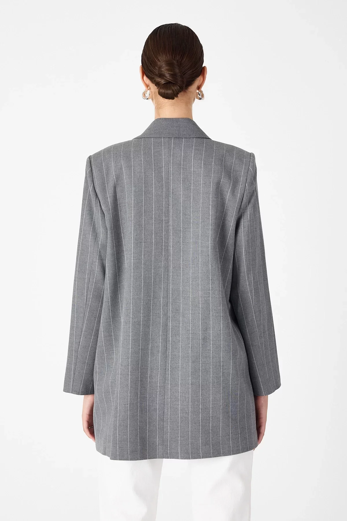 Kadın Kruvaze Çift Yaka Tek Düğmeli ve Oversize Kuşaklı Ceket - Gri