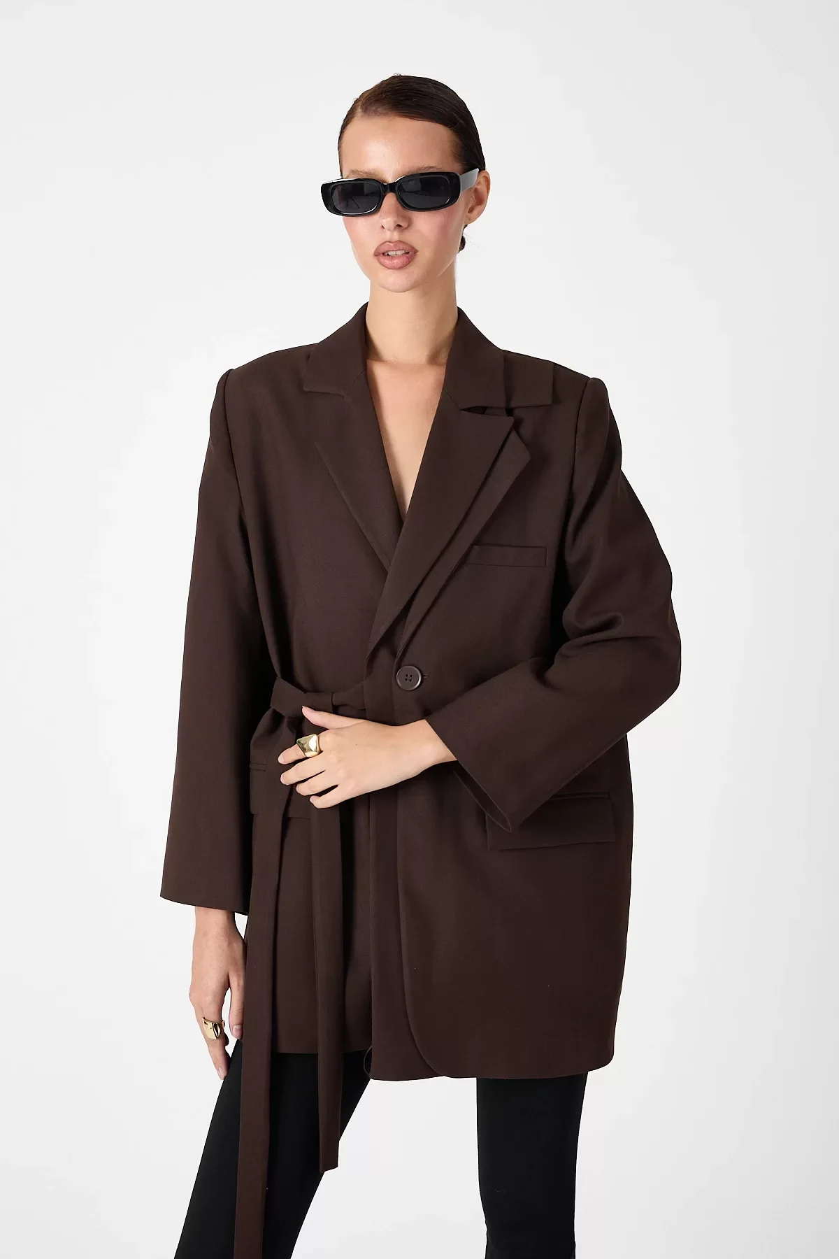 Kadın Kruvaze Çift Yaka Tek Düğmeli ve Oversize Kuşaklı Ceket - Kahve