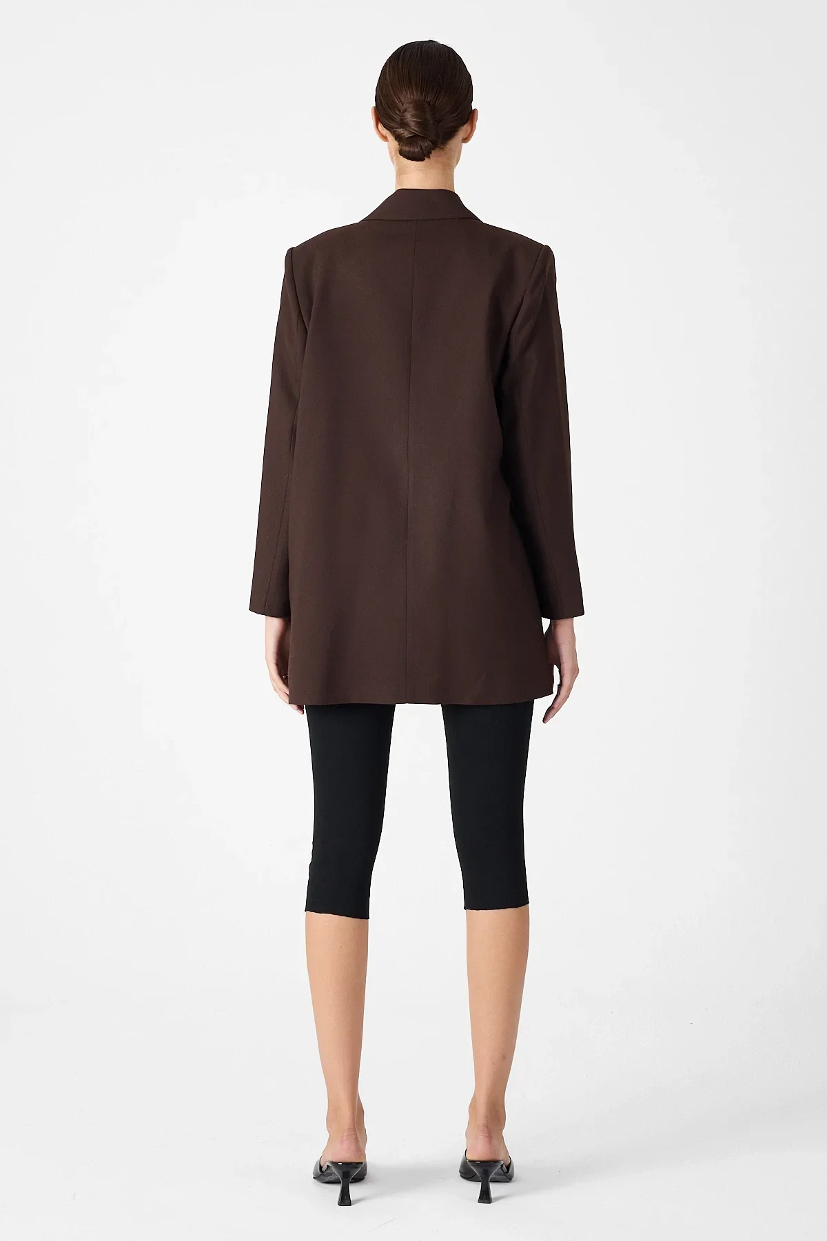 Kadın Kruvaze Çift Yaka Tek Düğmeli ve Oversize Kuşaklı Ceket - Kahve