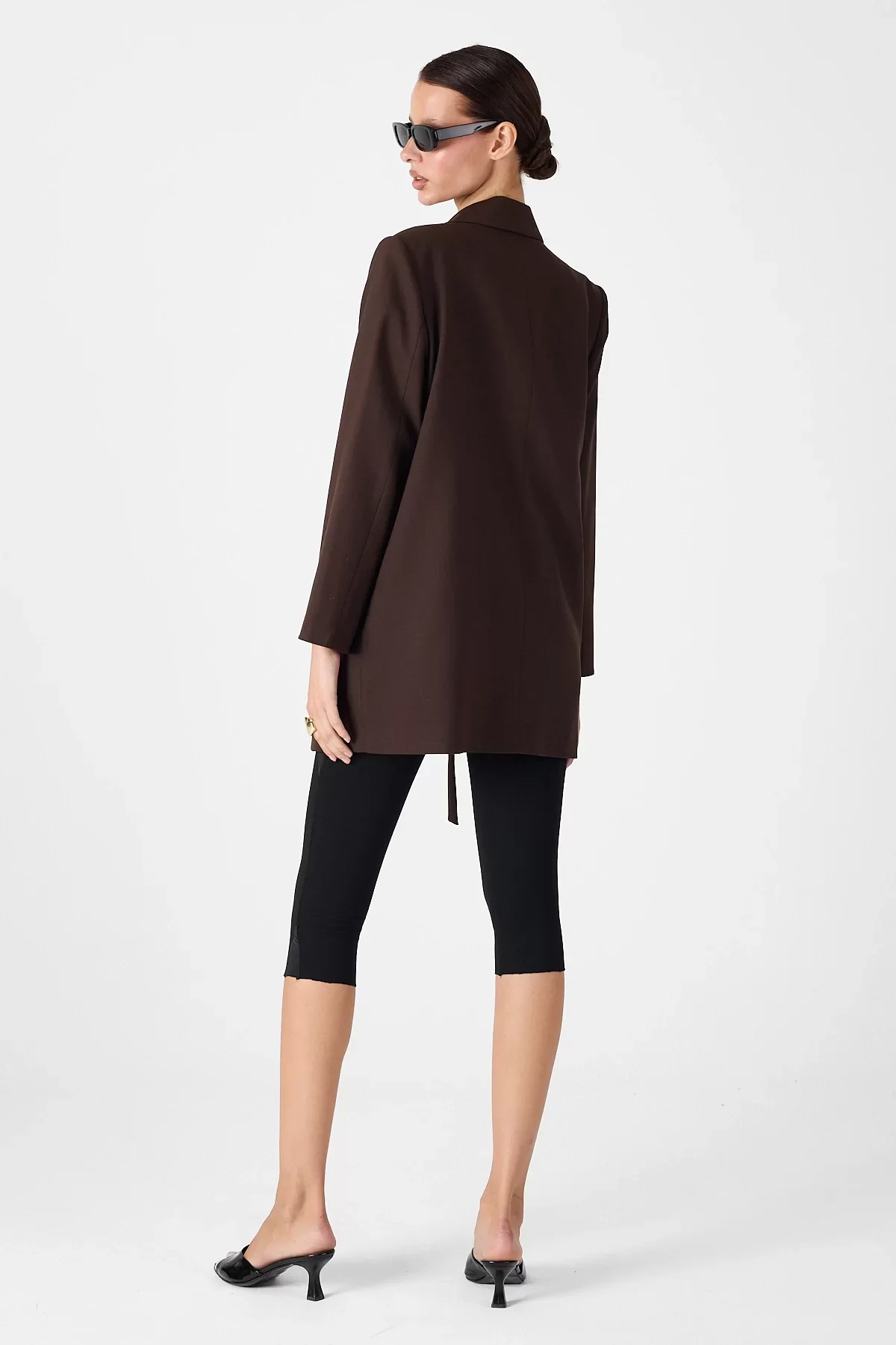Kadın Kruvaze Çift Yaka Tek Düğmeli ve Oversize Kuşaklı Ceket - Kahve