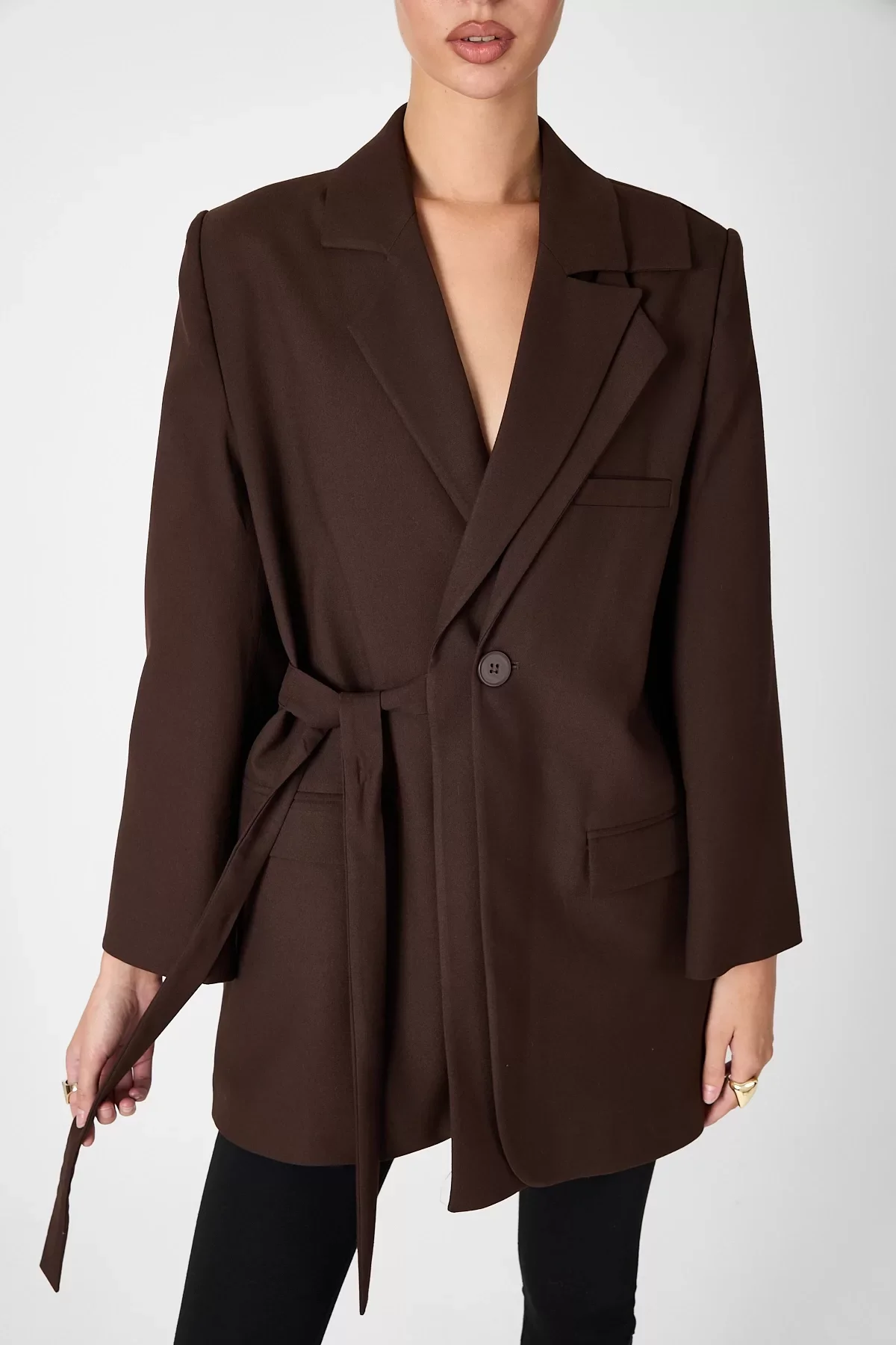 Kadın Kruvaze Çift Yaka Tek Düğmeli ve Oversize Kuşaklı Ceket - Kahve