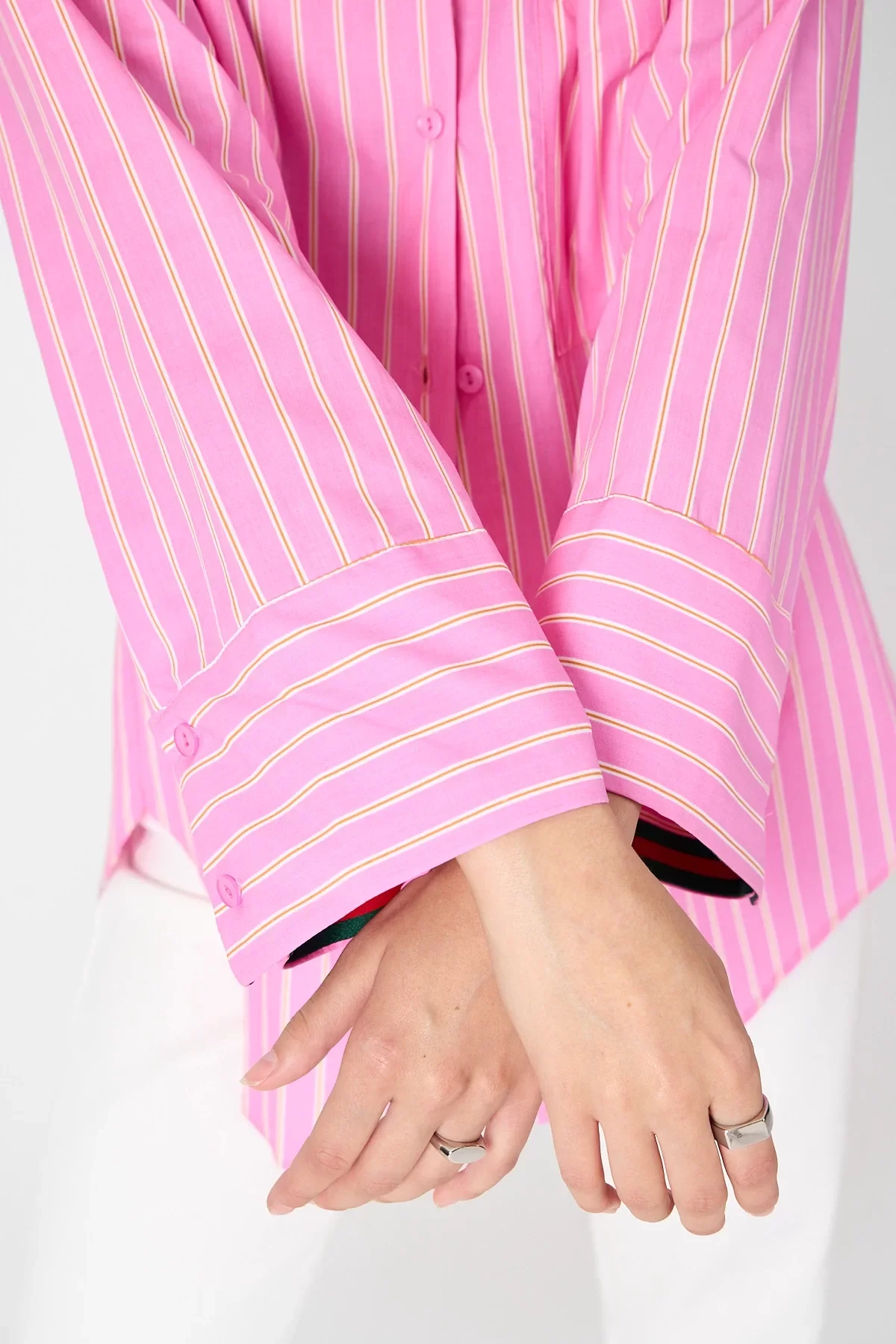 Kadın Oversize/bol Kesim Tek Cepli Pembe Çizgili Gömlek