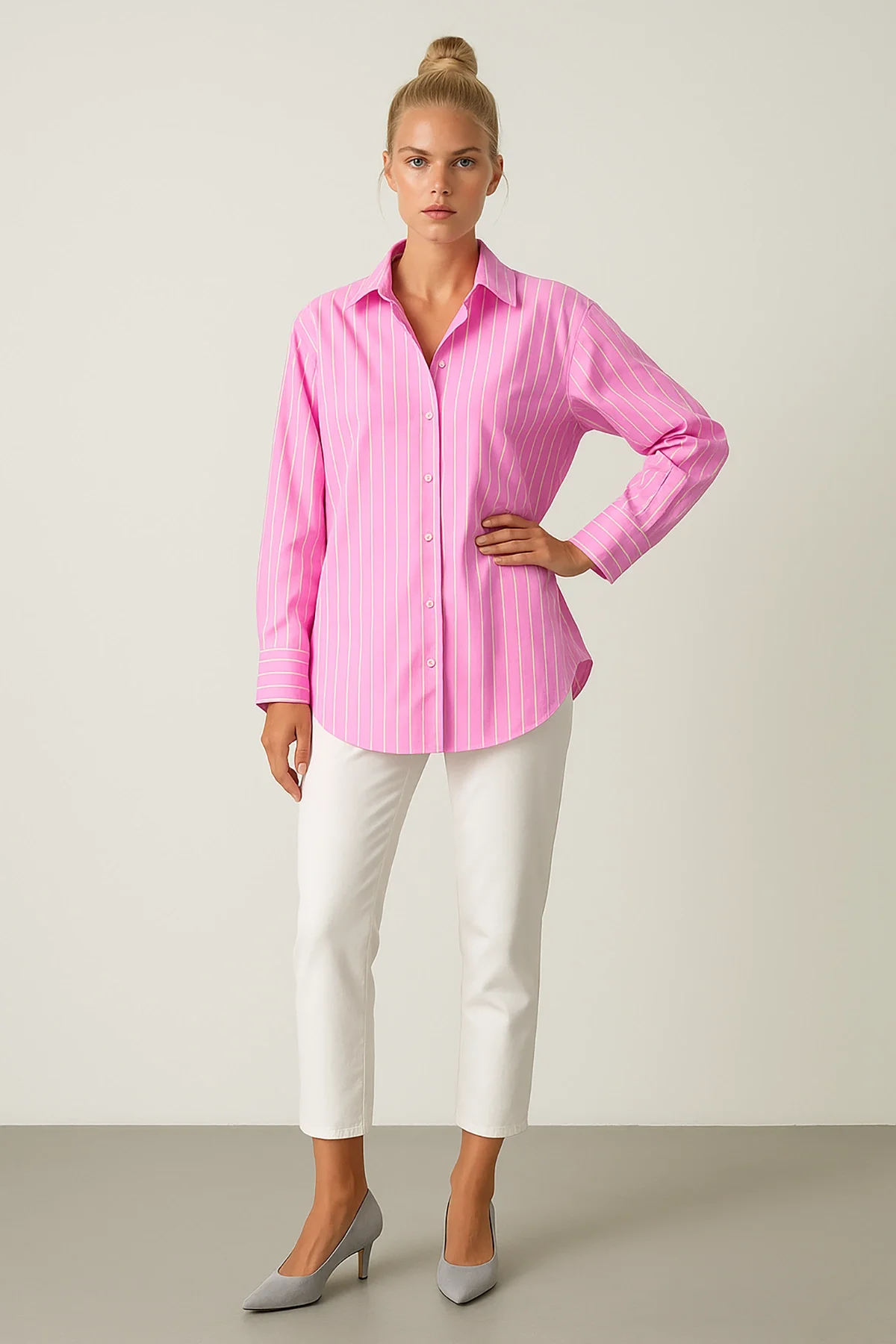 Kadın Oversize/bol Kesim Tek Cepli Pembe Çizgili Gömlek