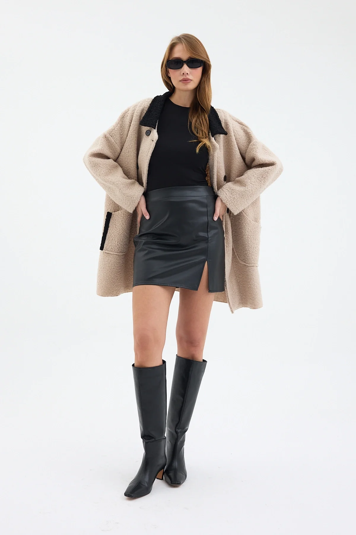 Kadın Oversize Siyah Yakalı Çift Düğmeli Teddy Kaban - Bej