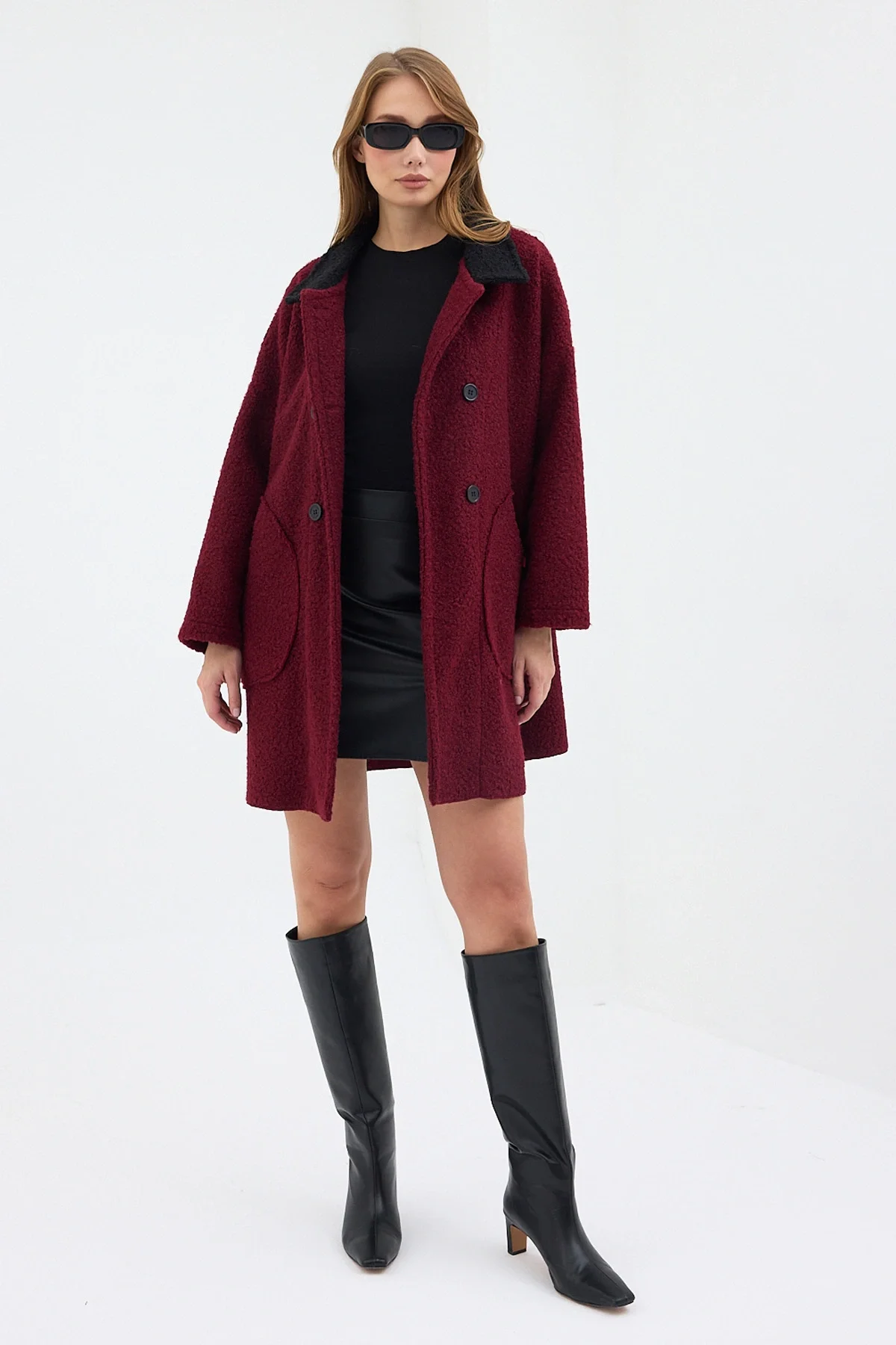 Kadın Oversize Siyah Yakalı Çift Düğmeli Teddy Kaban - Bordo