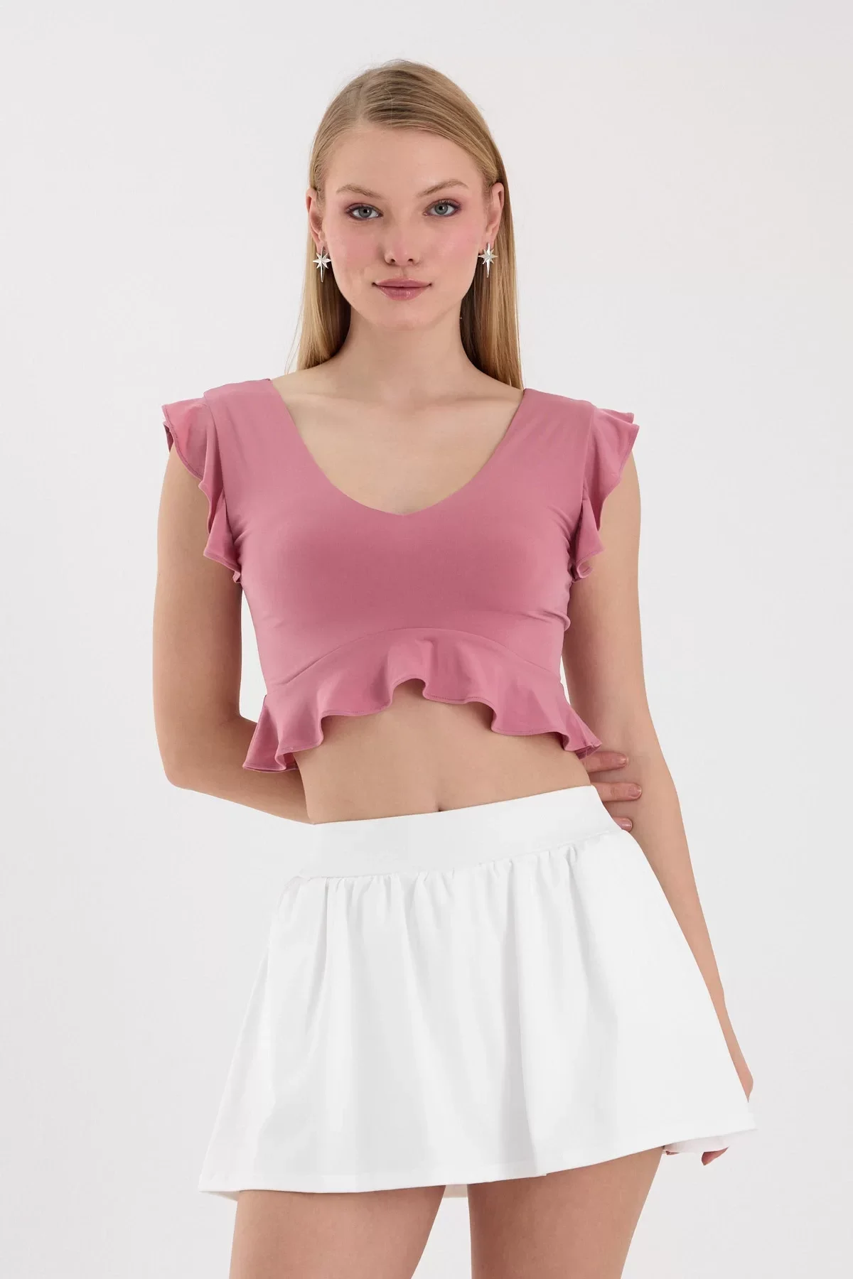 Kadın Pembe Volanlı Crop Top BLZ-00255