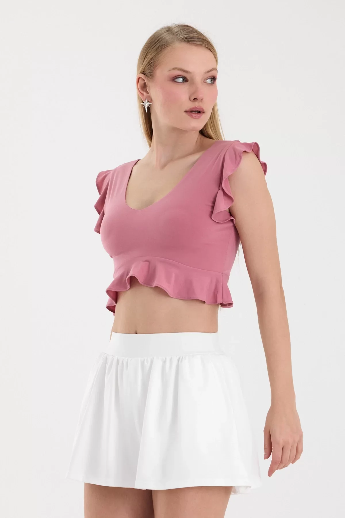 Kadın Pembe Volanlı Crop Top BLZ-00255