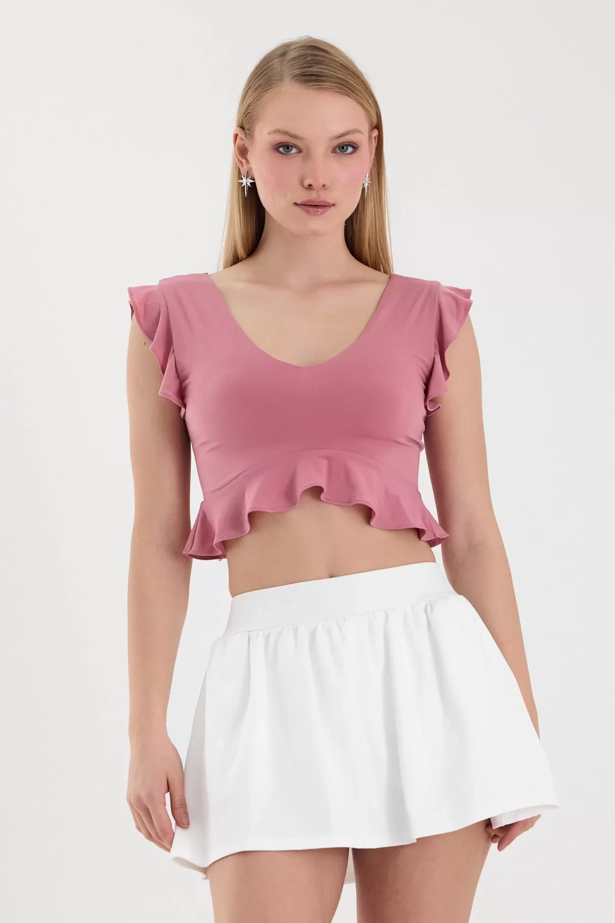Kadın Pembe Volanlı Crop Top BLZ-00255