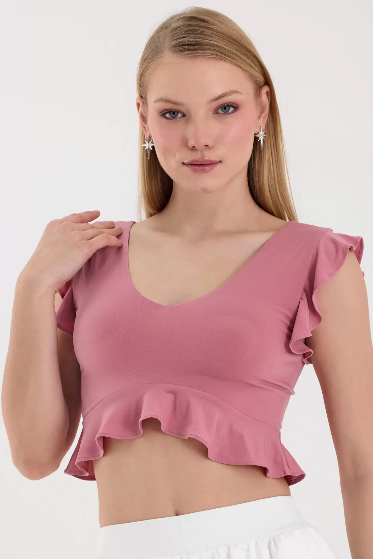 Kadın Pembe Volanlı Crop Top BLZ-00255