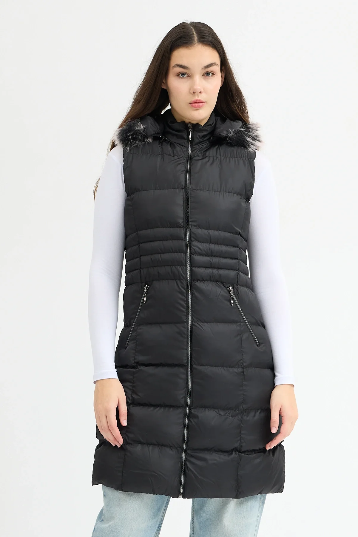 Kadın Siyah Kapüşonlu Uzun Şişme Yelek