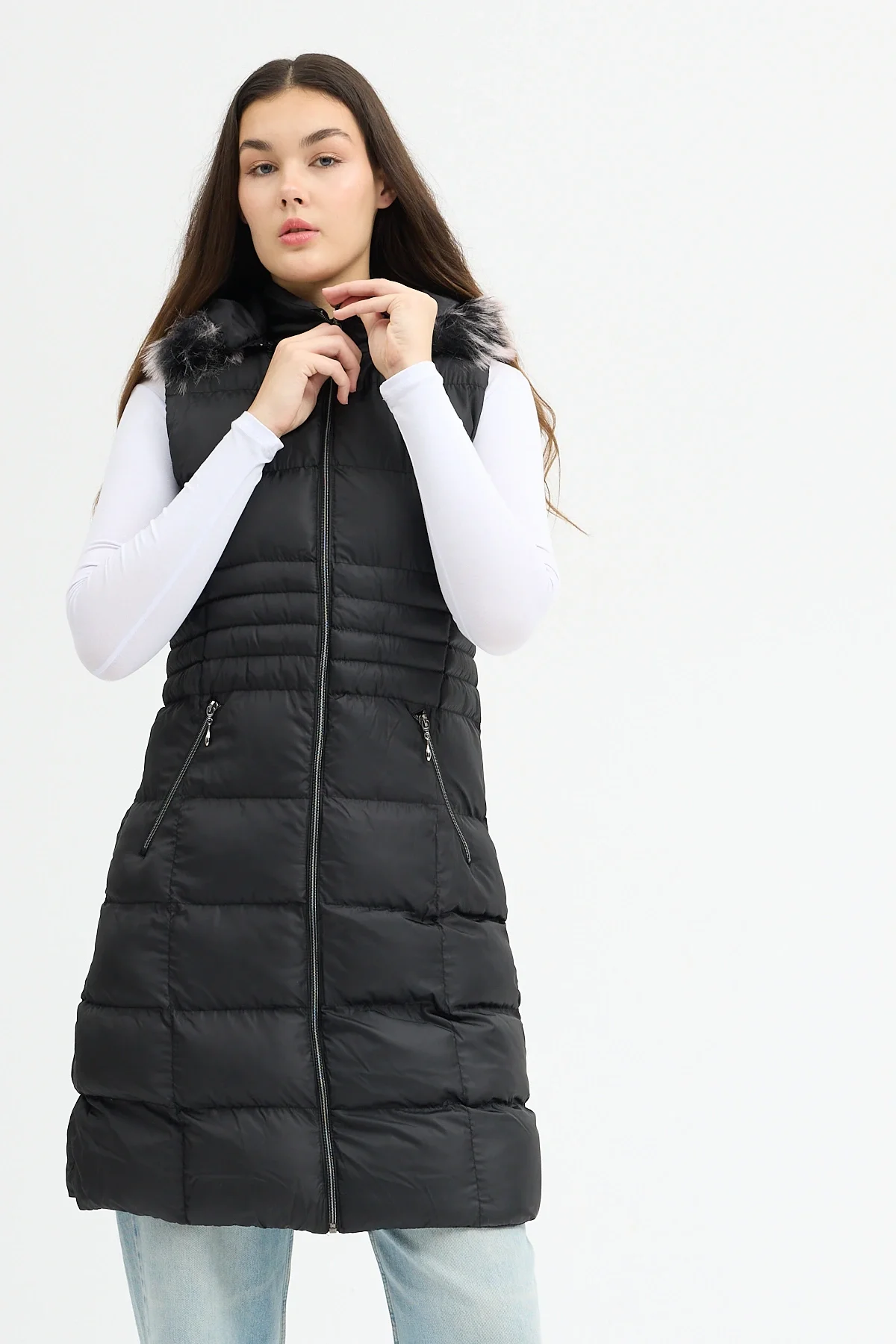 Kadın Siyah Kapüşonlu Uzun Şişme Yelek