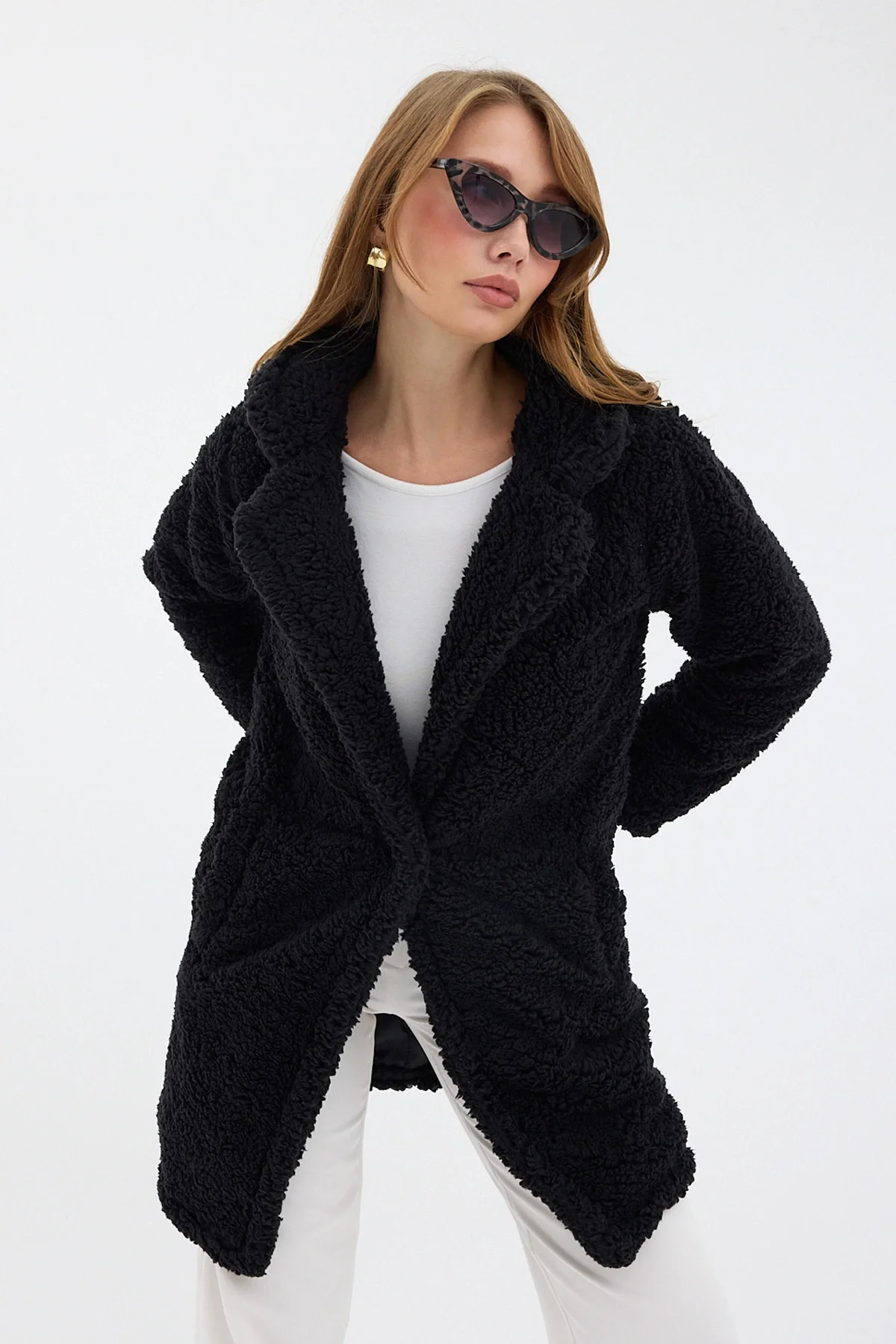 Kadın Siyah Tek Düğmeli Çift Cepli Astarlı Buklet Kaban