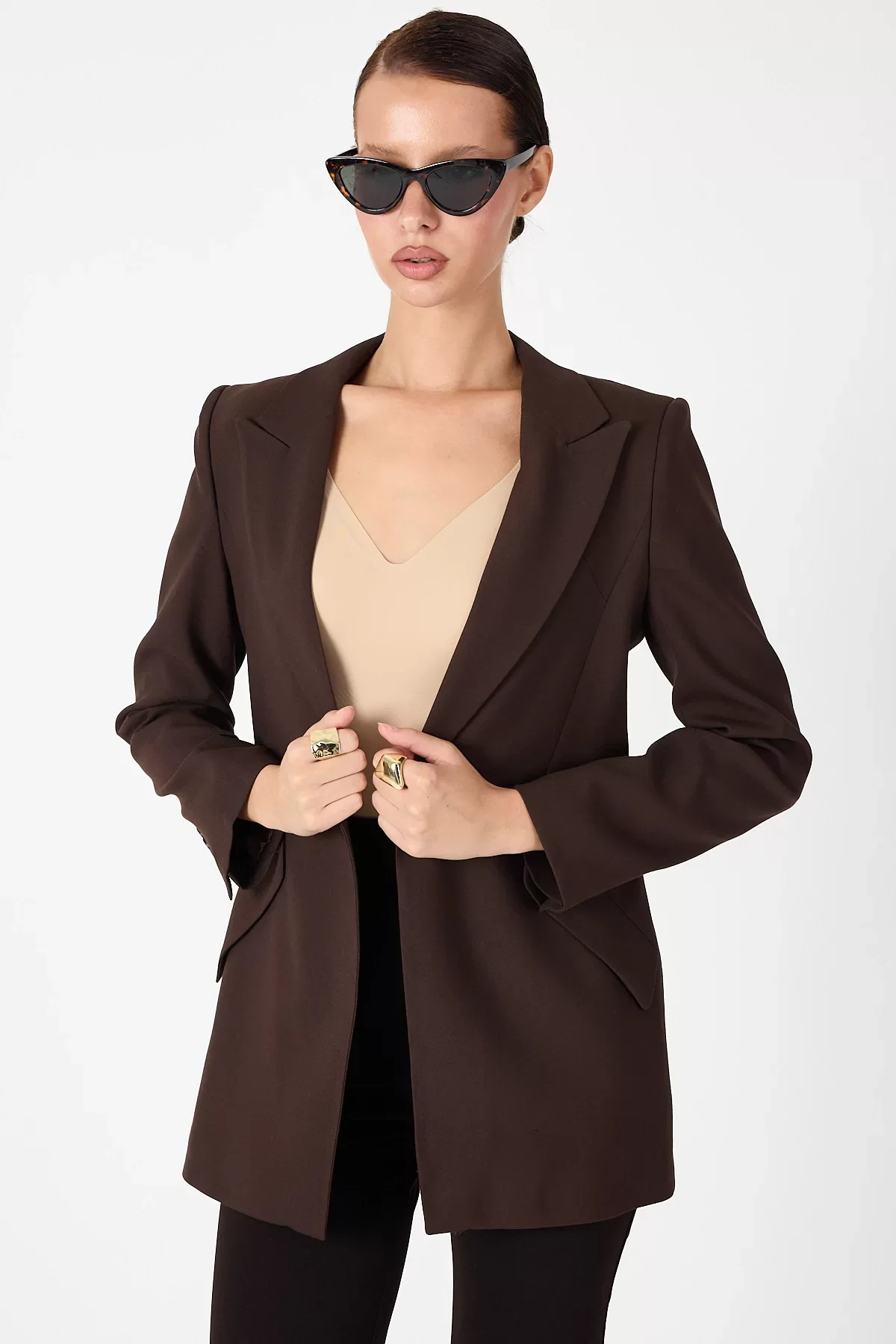 Kadın Tek Düğmeli Blazer Ceket - Kahve