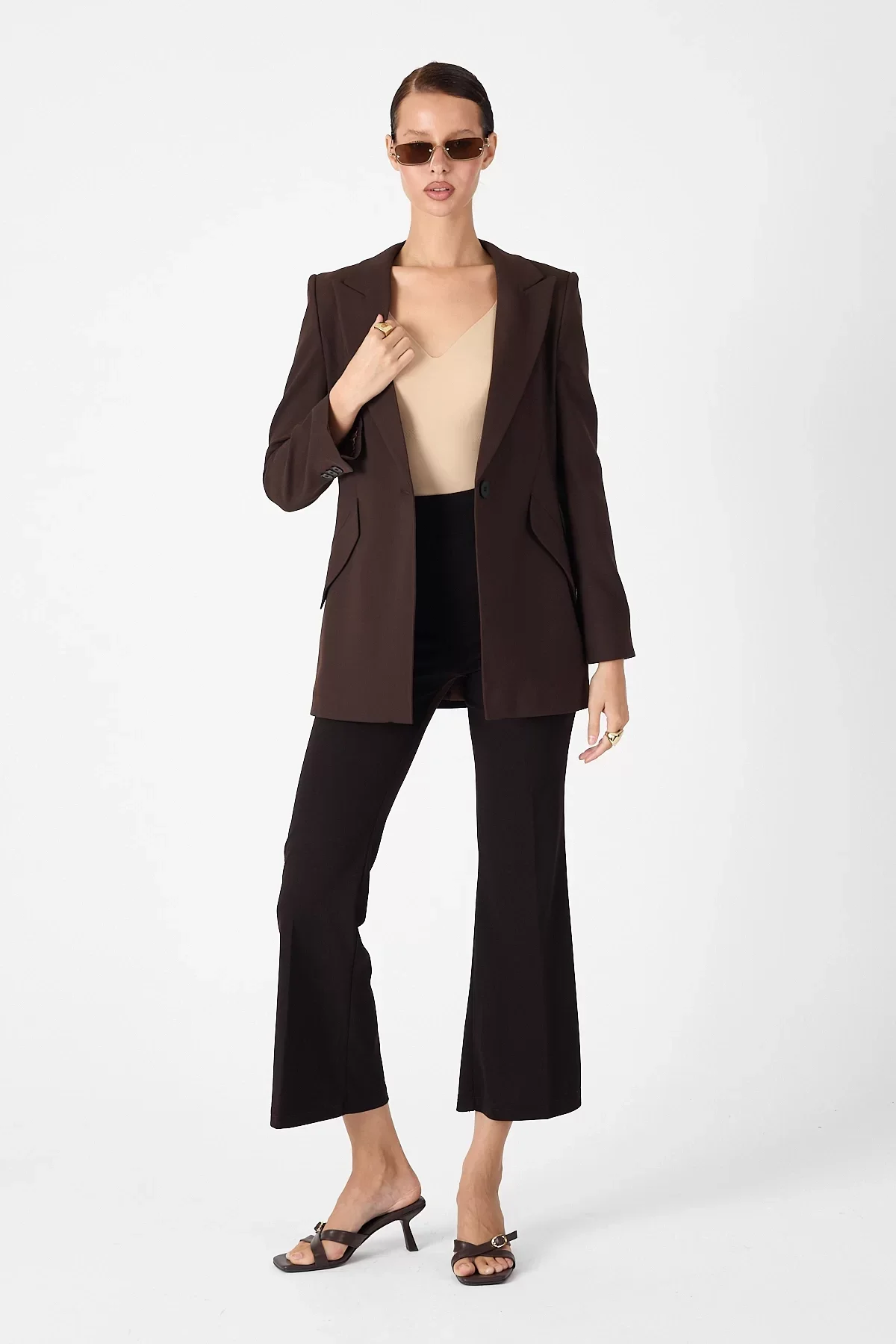 Kadın Tek Düğmeli Blazer Ceket - Kahve