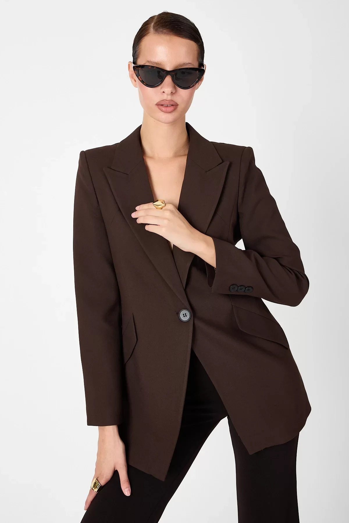 Kadın Tek Düğmeli Blazer Ceket - Kahve