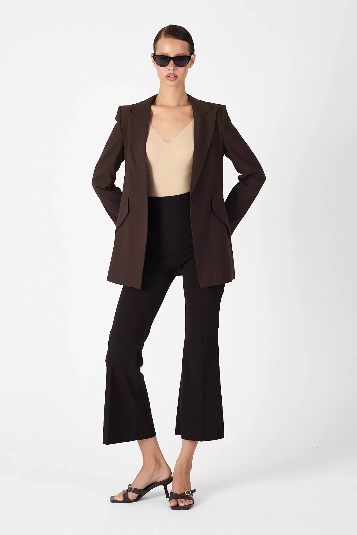 Kadın Tek Düğmeli Blazer Ceket - Kahve