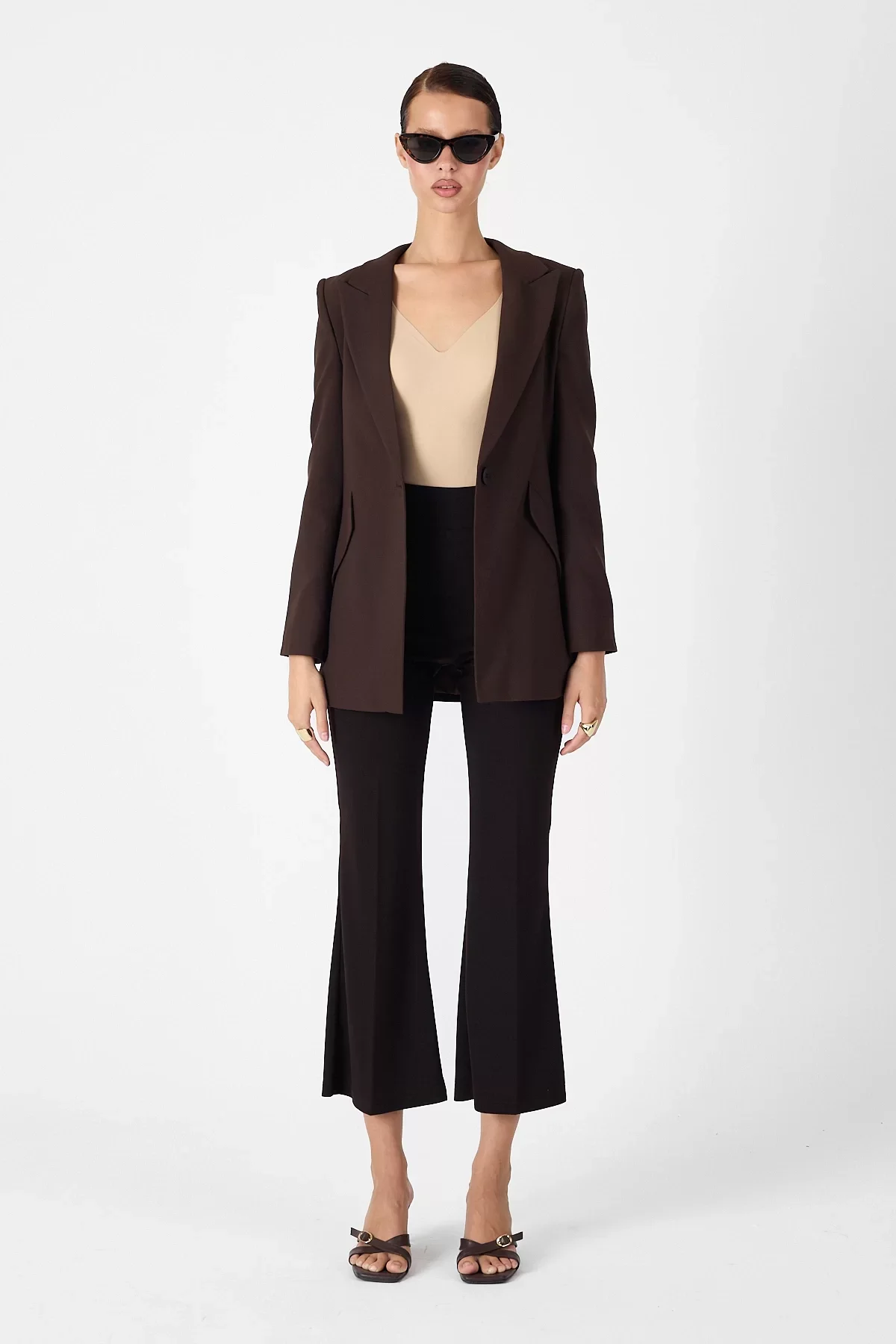 Kadın Tek Düğmeli Blazer Ceket - Kahve