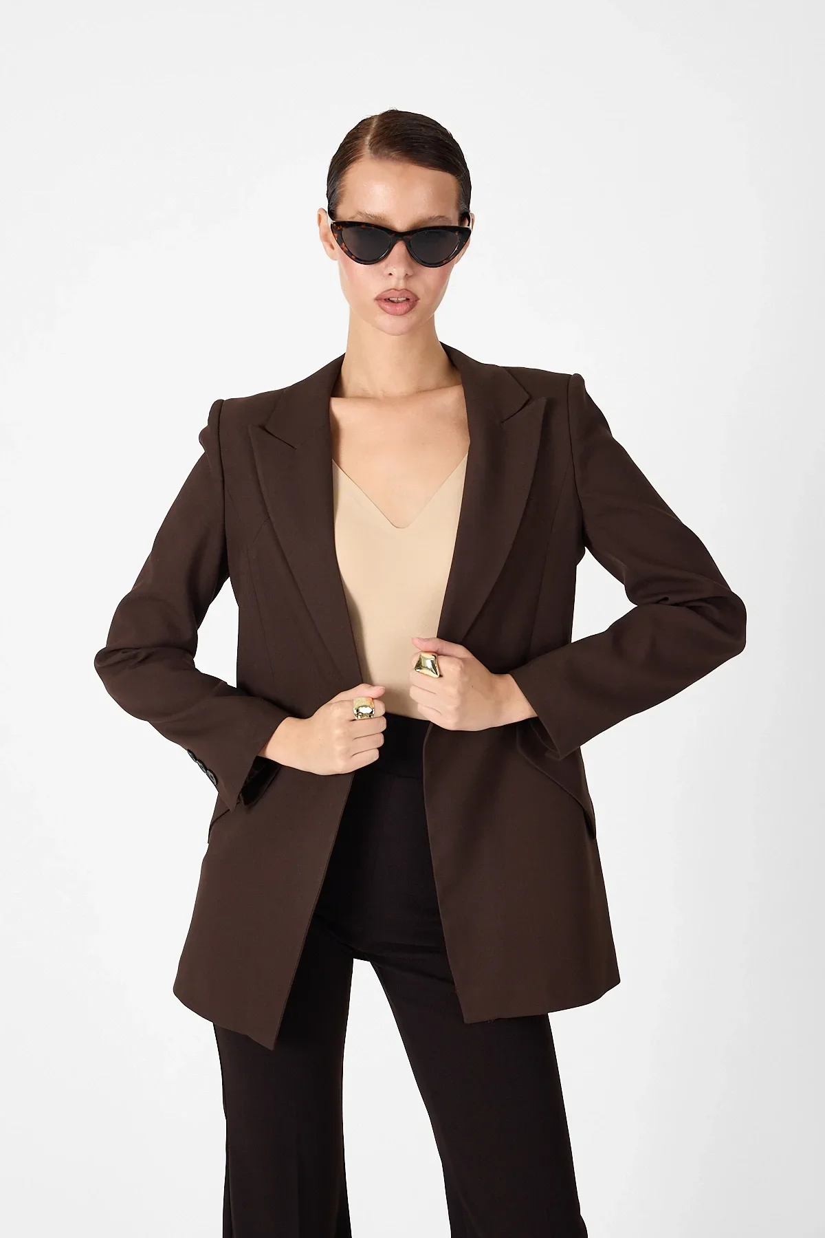 Kadın Tek Düğmeli Blazer Ceket - Kahve