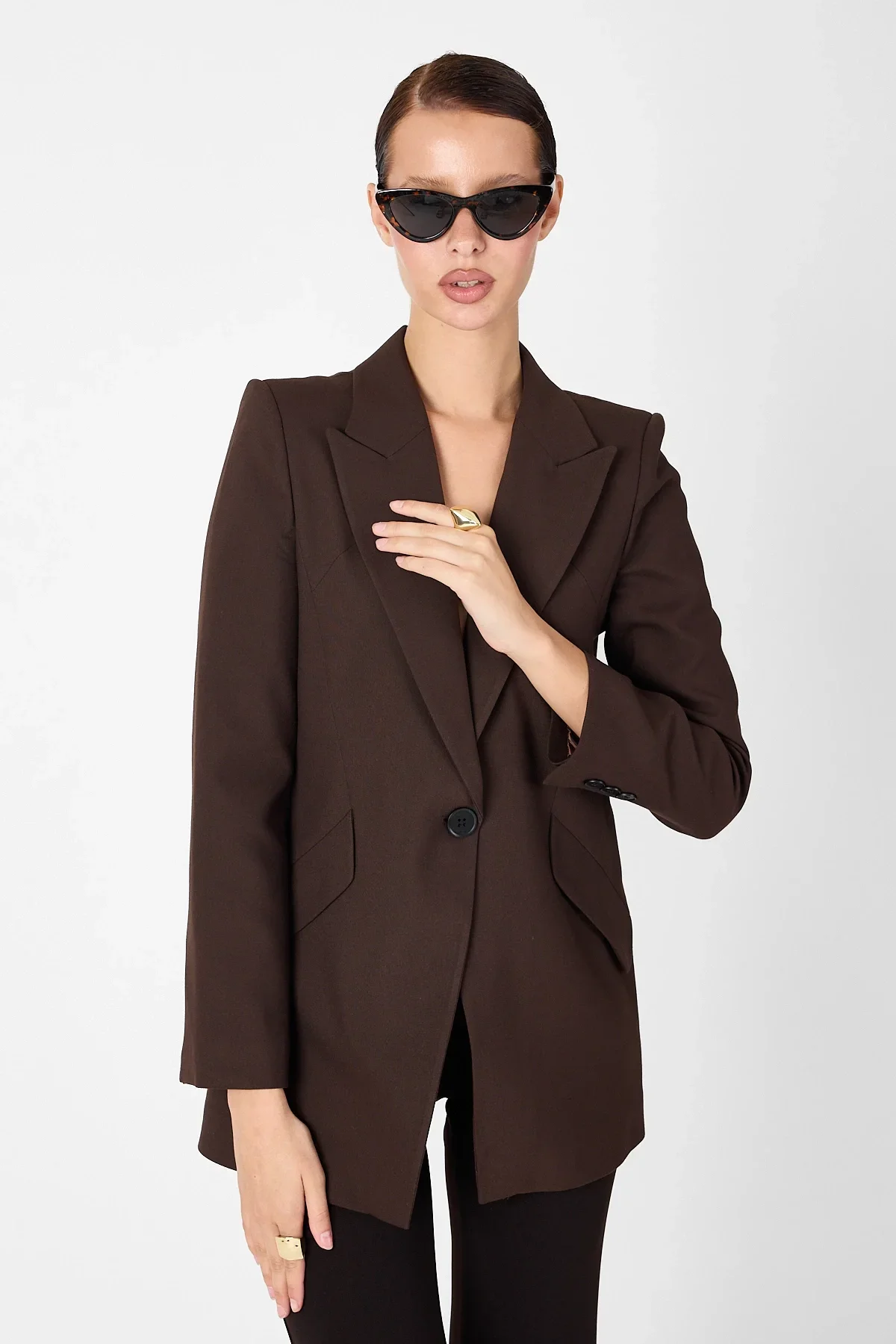 Kadın Tek Düğmeli Blazer Ceket - Kahve