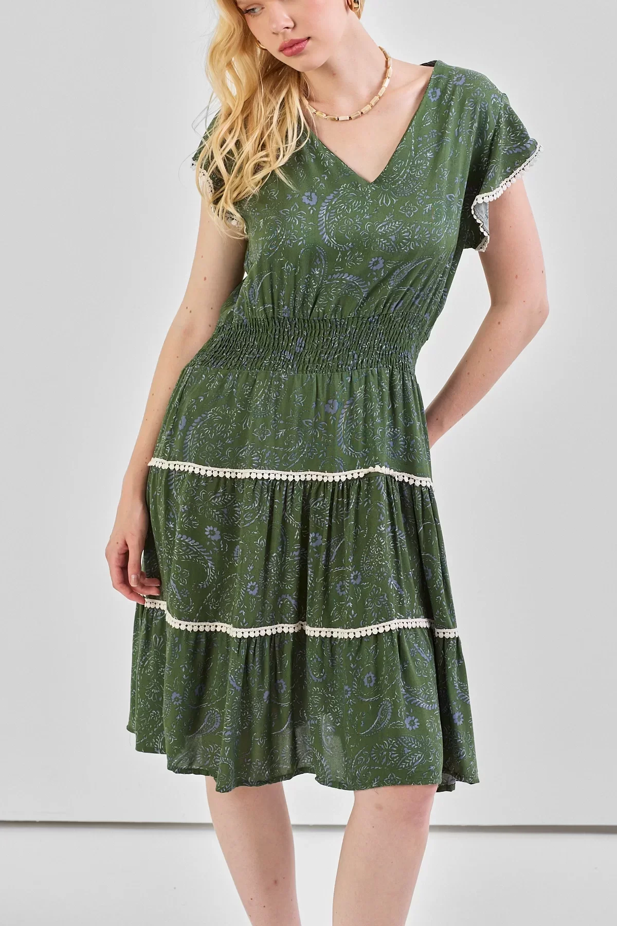 Kadın V Yaka Güpür Detaylı Gipeli Mini Elbise Haki