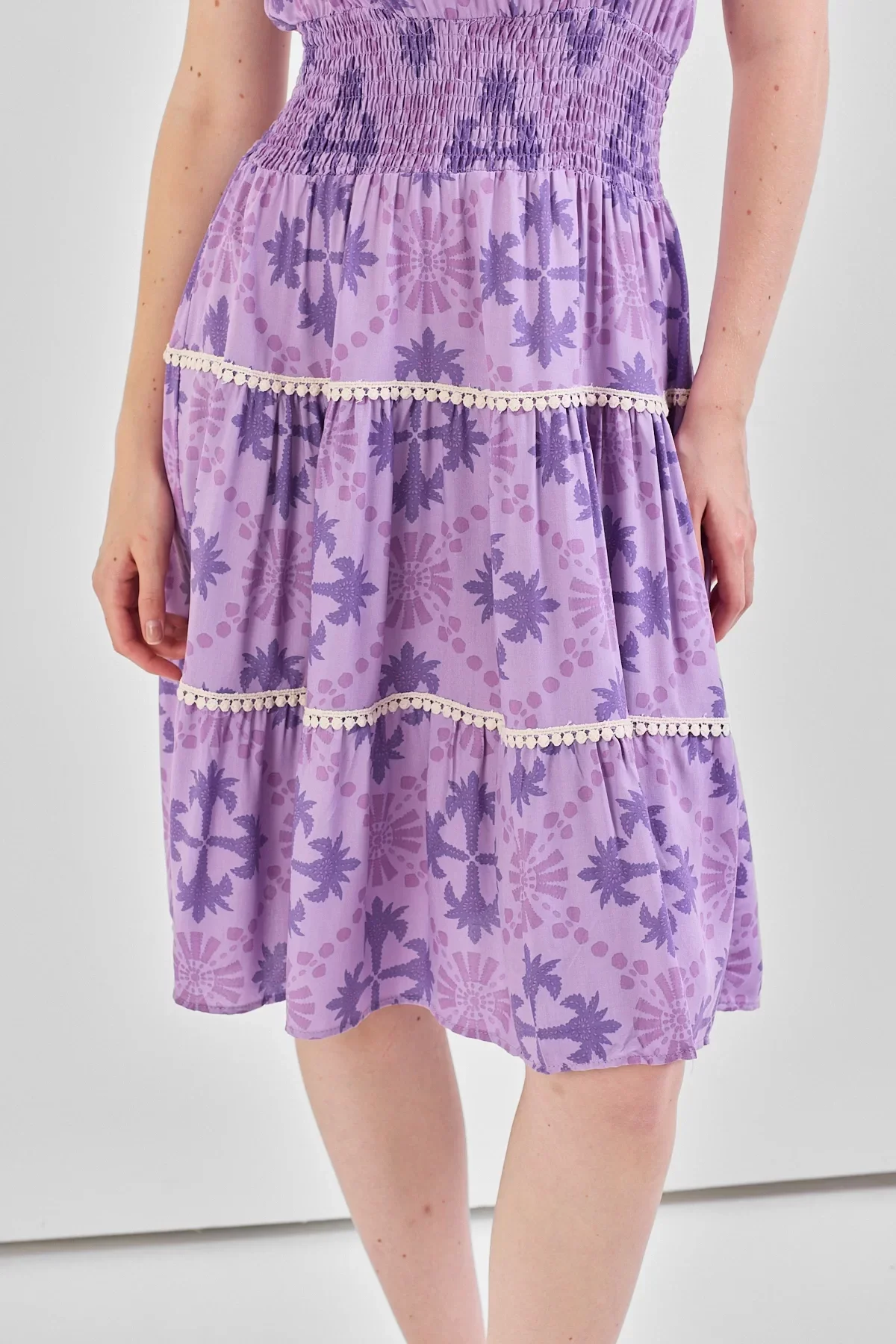 Kadın V Yaka Güpür Detaylı Gipeli Mini Elbise Lila