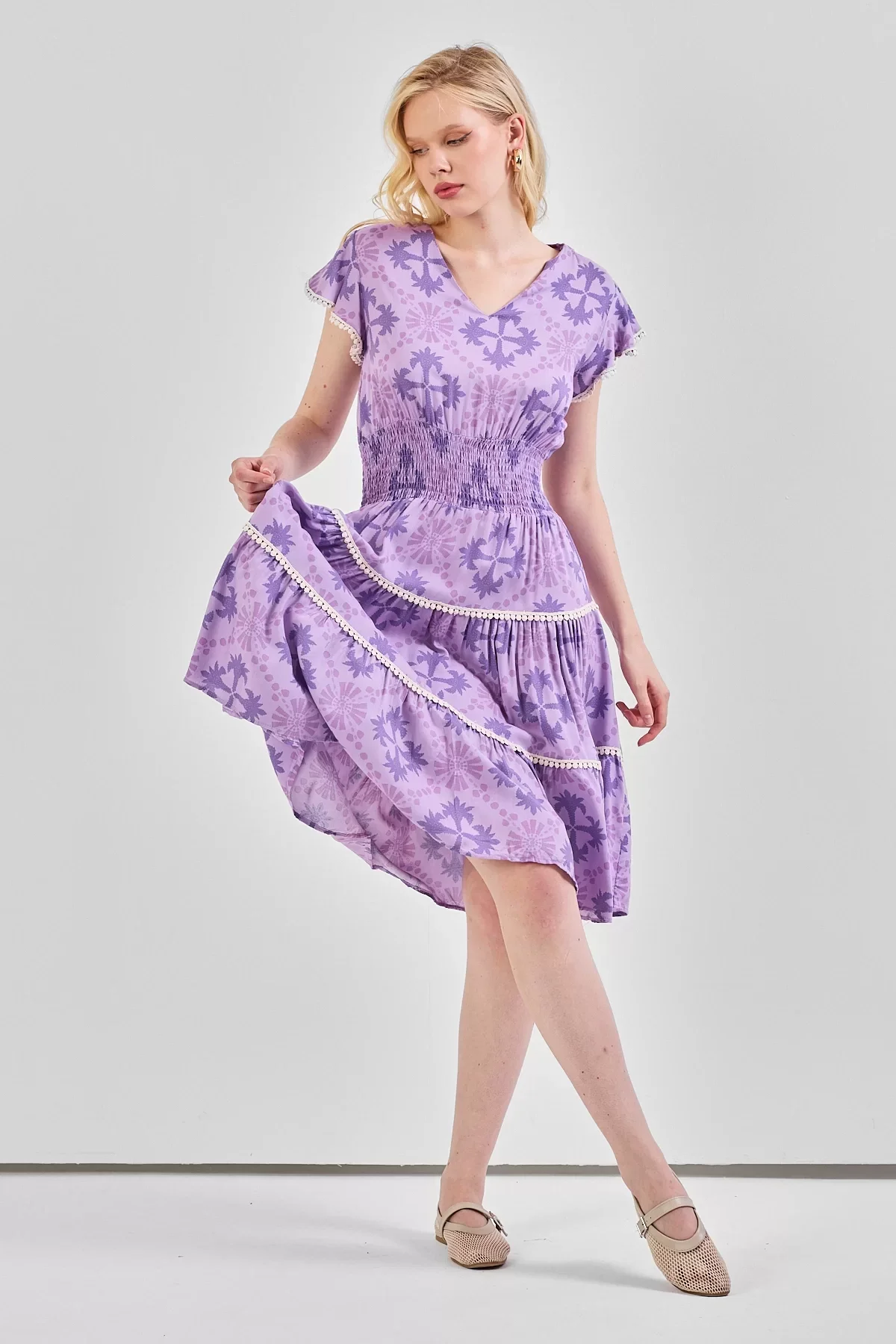 Kadın V Yaka Güpür Detaylı Gipeli Mini Elbise Lila