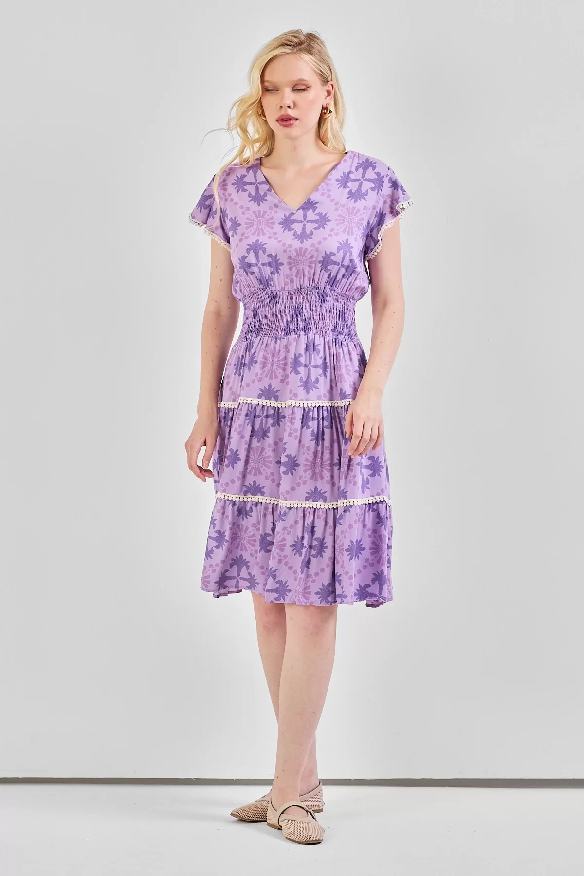 Kadın V Yaka Güpür Detaylı Gipeli Mini Elbise Lila